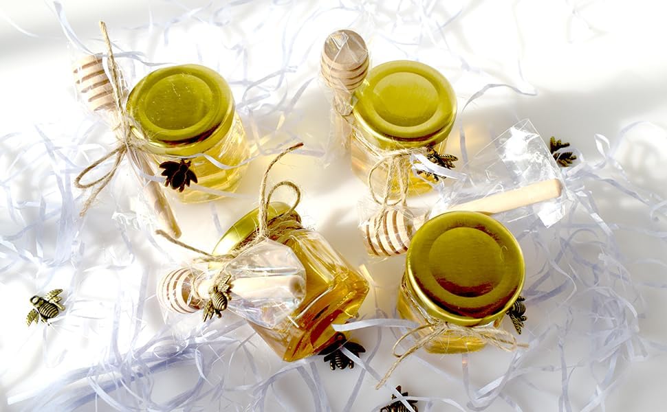 Honey Pot, Glass Honey Jars, Small Honey Jars with Wooden Dippers, Bee Charms, Gold Gift Bags and