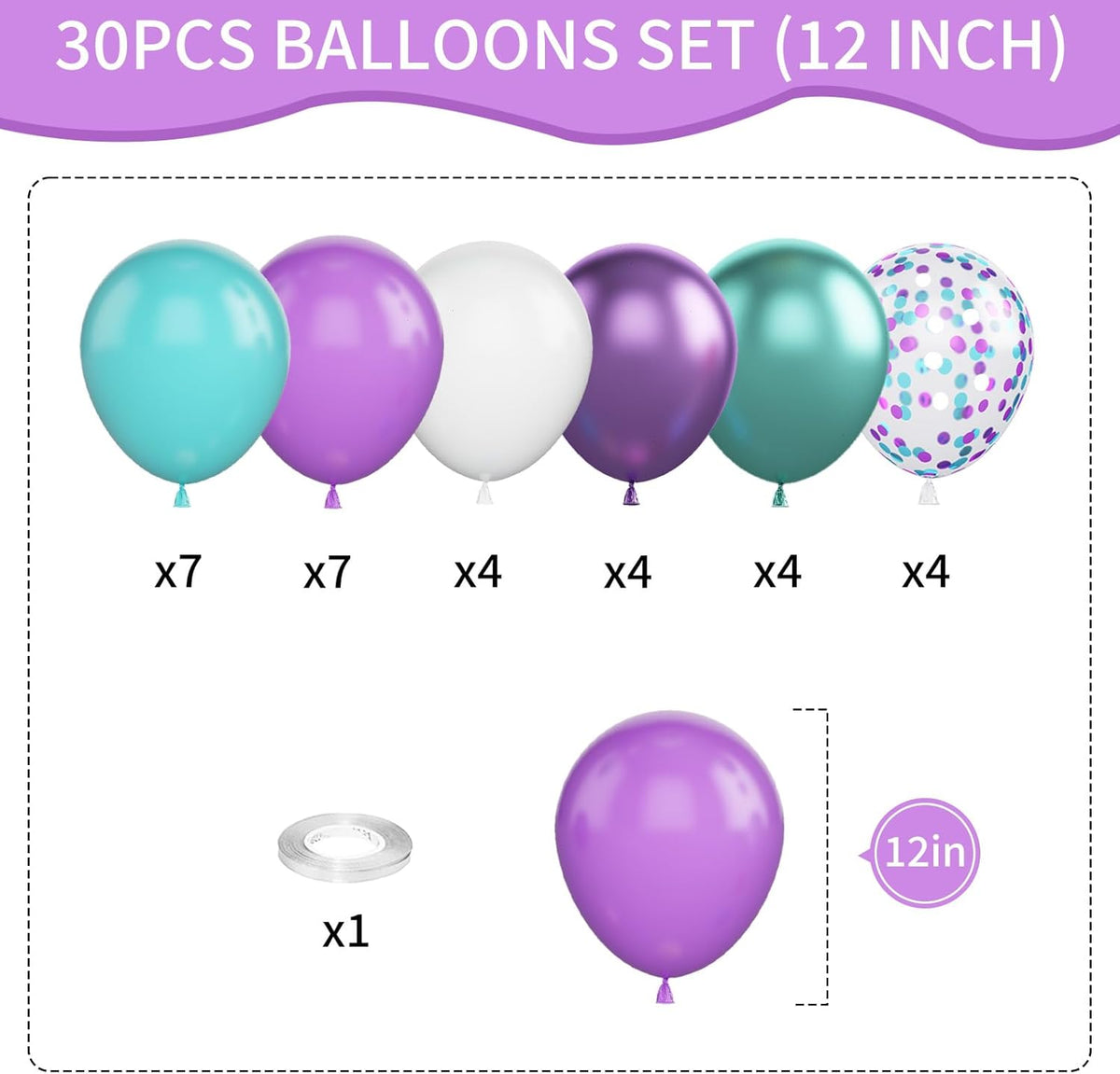 Mermaid Balloons, 12 Inches Purple and Green Balloons Teal Purple White Metallic Confetti Green