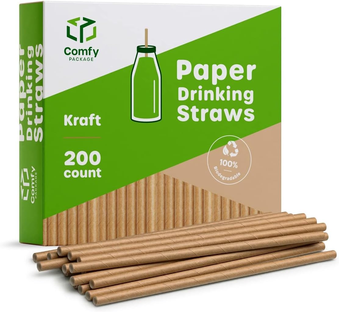 Comfy Package [200 Pack] Kraft Paper Straws, 100% Biodegradable & Ink-free, Straws for drinking and