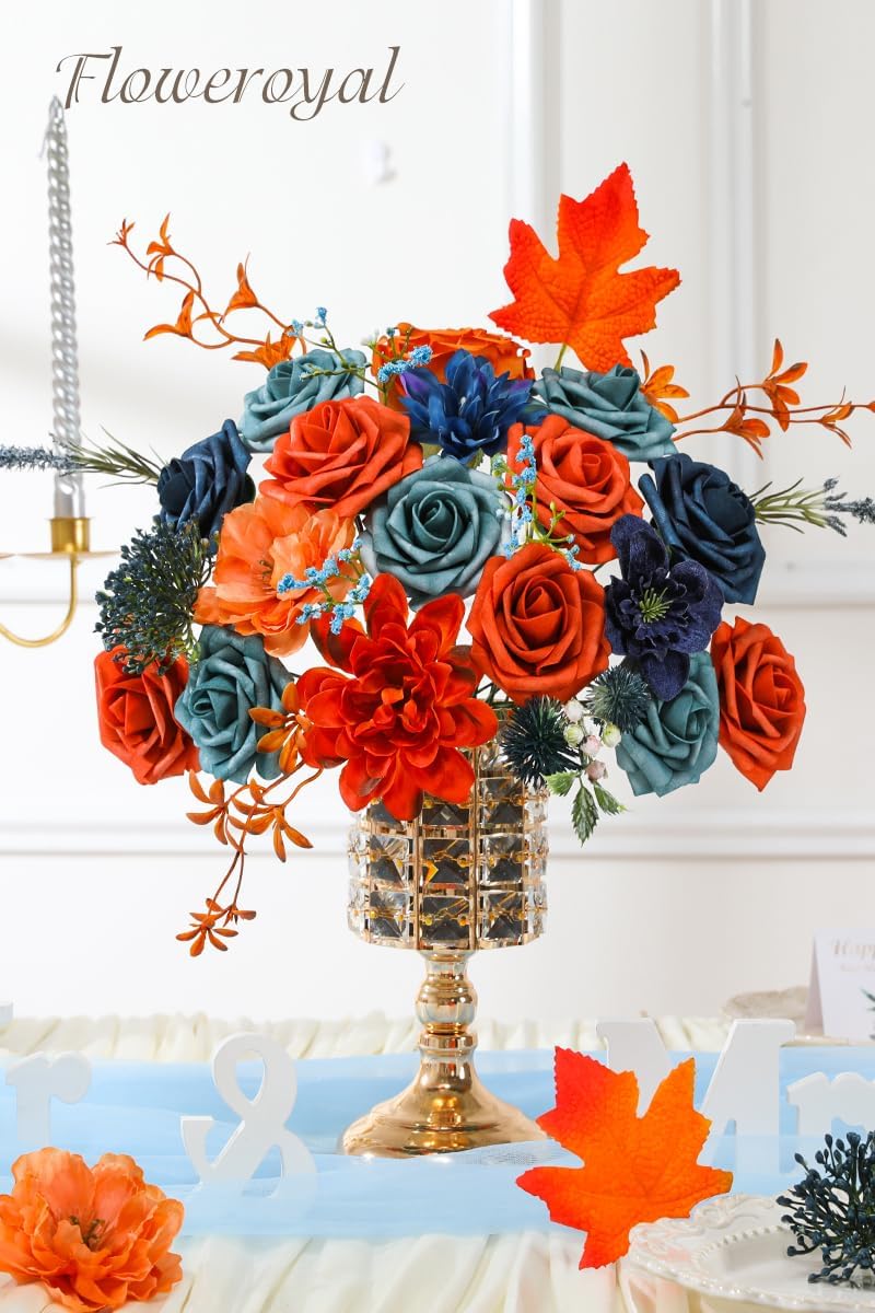 Floweroyal Artificial Flowers Combo Orange Flowers Mix Silk Flowers Dahlia Roses with Stems for DIY