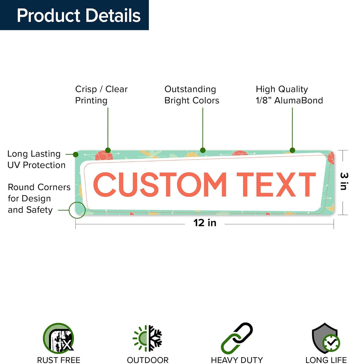 Custom Sign, Custom Street Sign, 11 Font Colors, 13 Font Styles, 4 Hole Options, 22 Sizes, 3x12