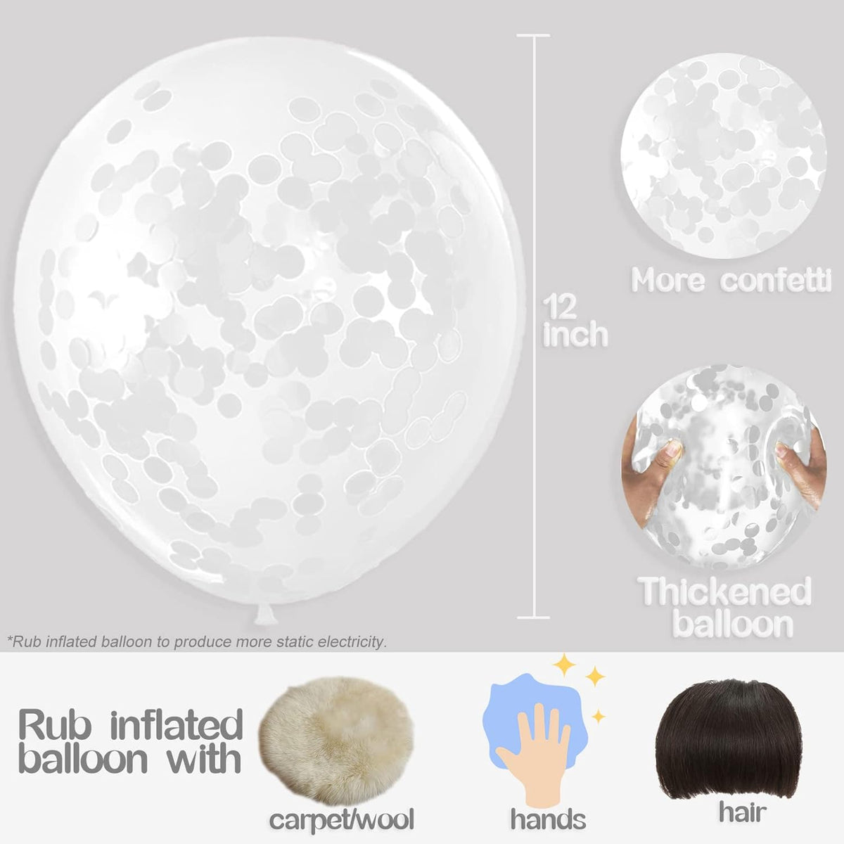 White Confetti Balloons, 25 Pcs Thickened 12 Inch Clear Latex Balloon with Confetti Inside for