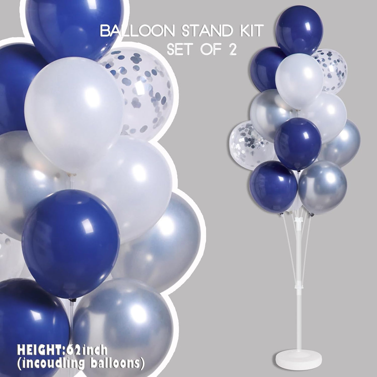 Navy Blue Silver Confetti Balloon Column Kit Set of 2 Included-Balloon Column Stand with