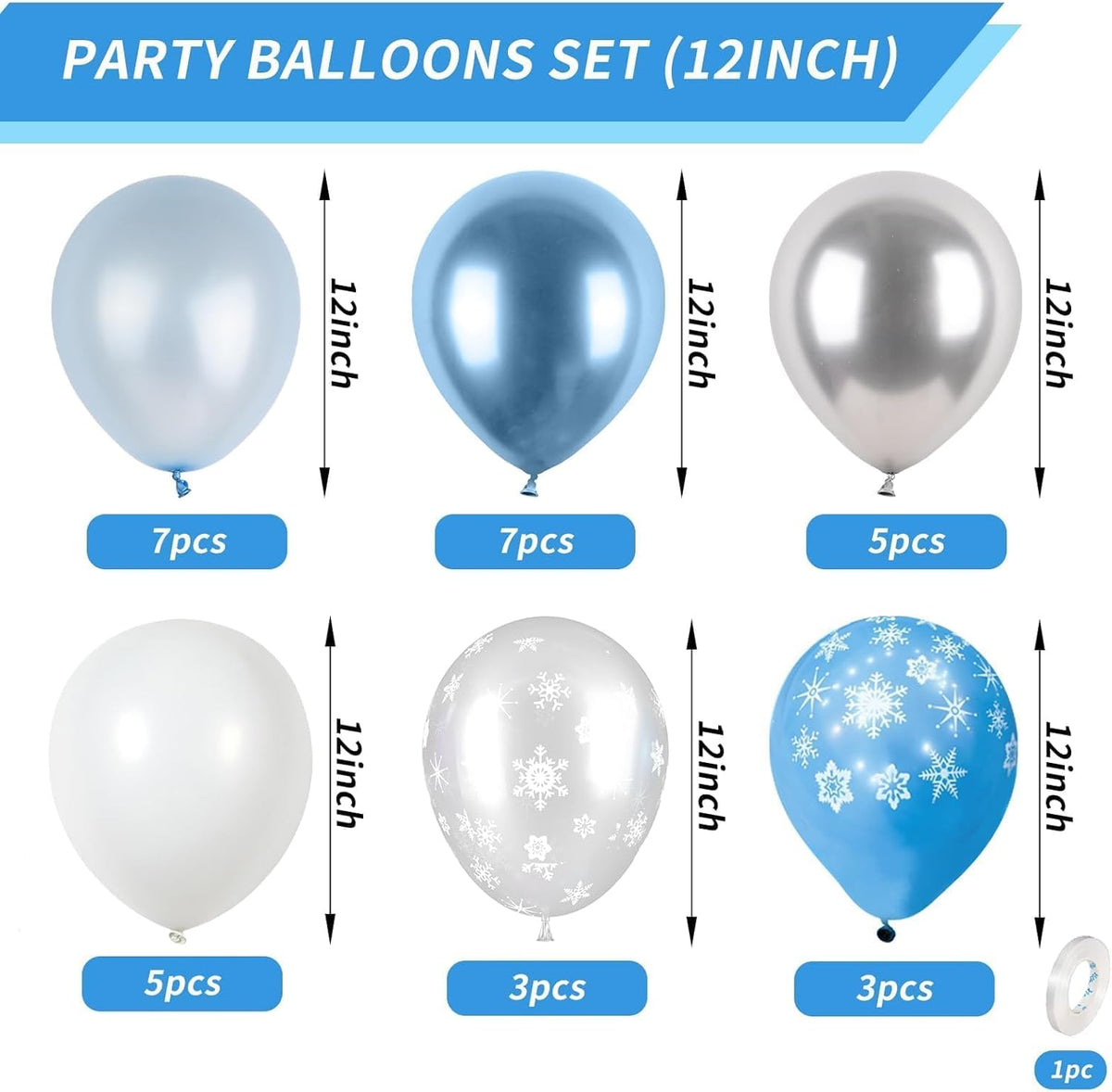 Snowflake Balloon, 12 Inch Ice Snow Blue White Balloons Pearl blue Metallic Blue Silver for Winter