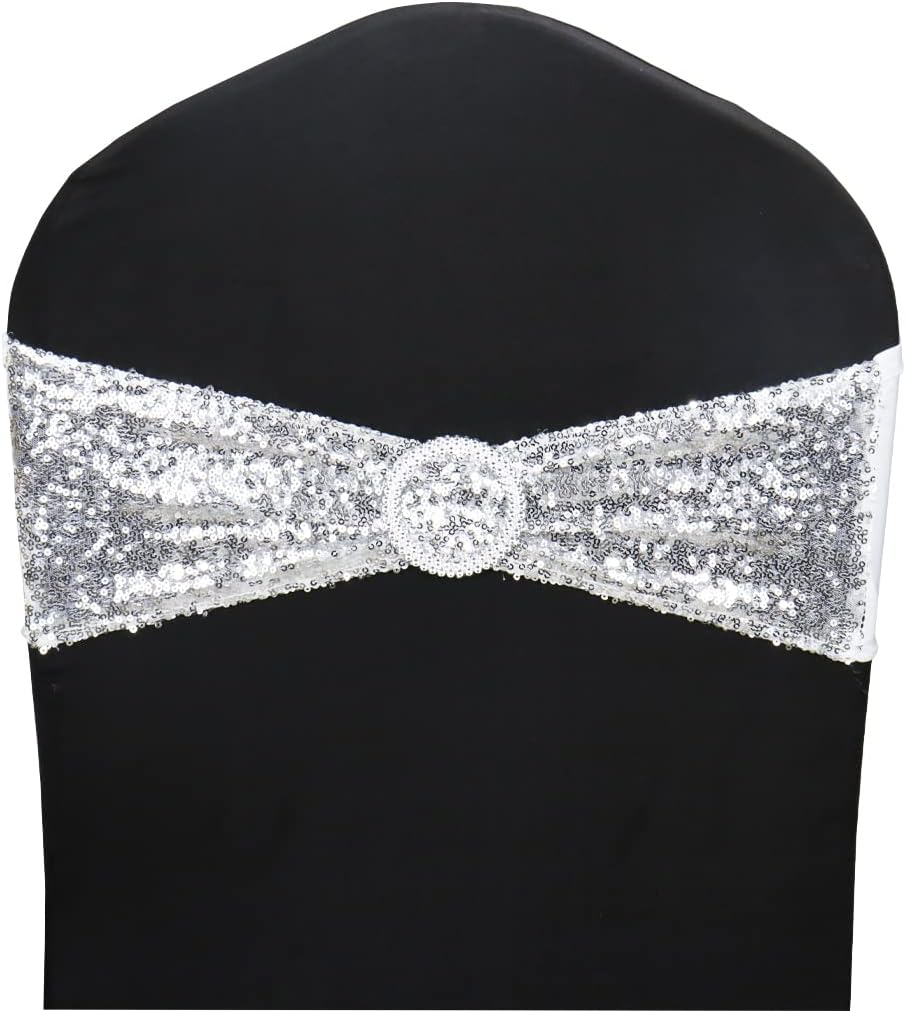 10 Pcs Chair Sashes Sequin Stretch Chair Bands Spandex Polyester Bows for Party Hotel Wedding