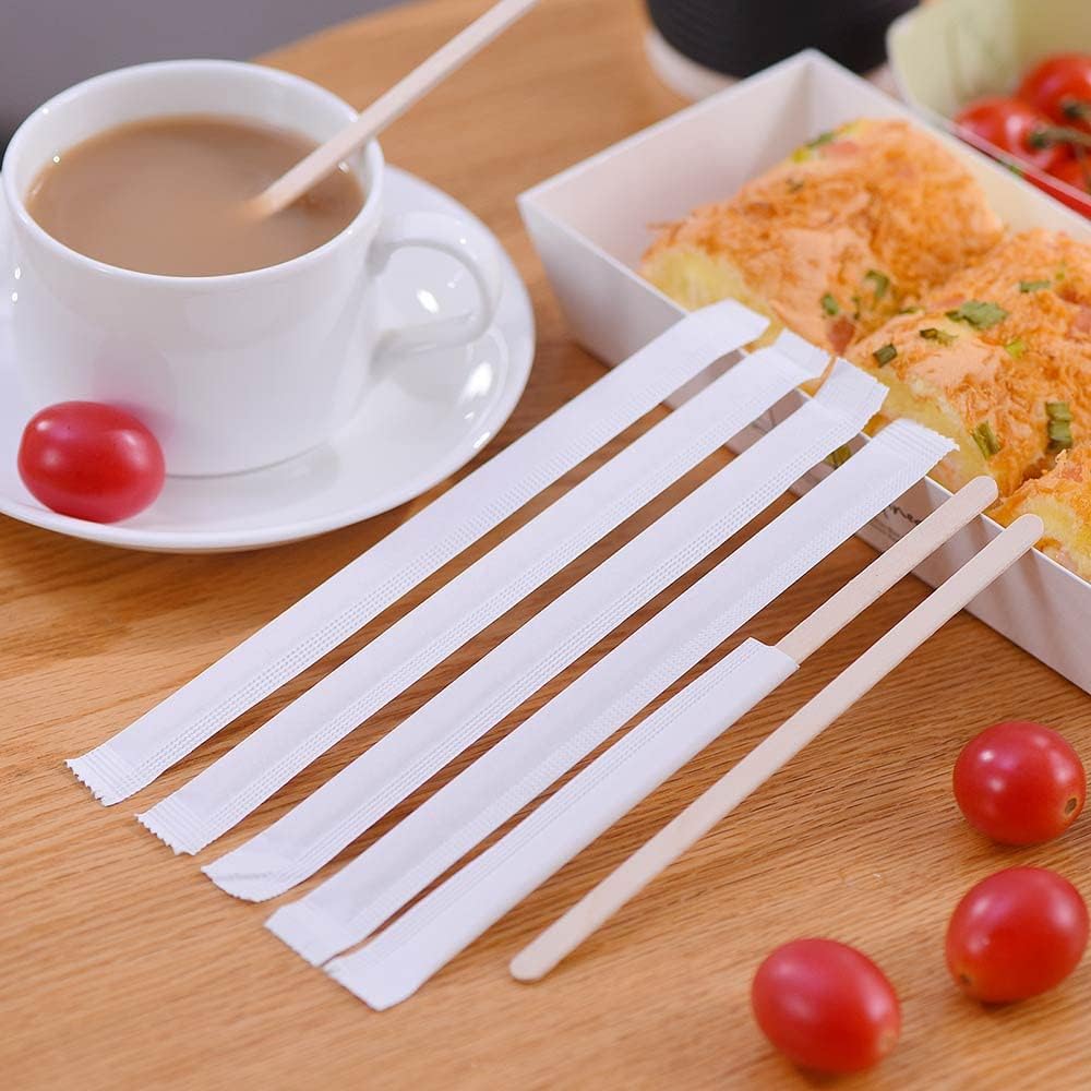 500pcs Individually Wrapped Wooden Coffee Stirrers - 5.5" Coffee Stir Sticks, Round End Disposable