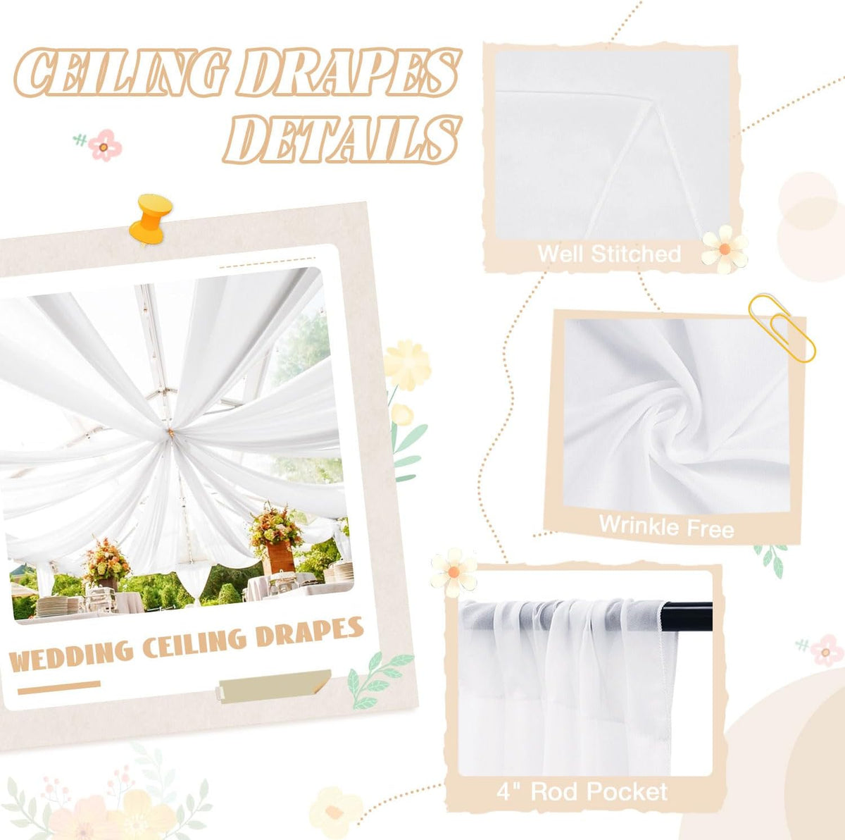 FUHSY White Ceiling Drapes for Wedding Arch Draping Fabric 4 Panels 5x20FT Chiffon Wedding Arch