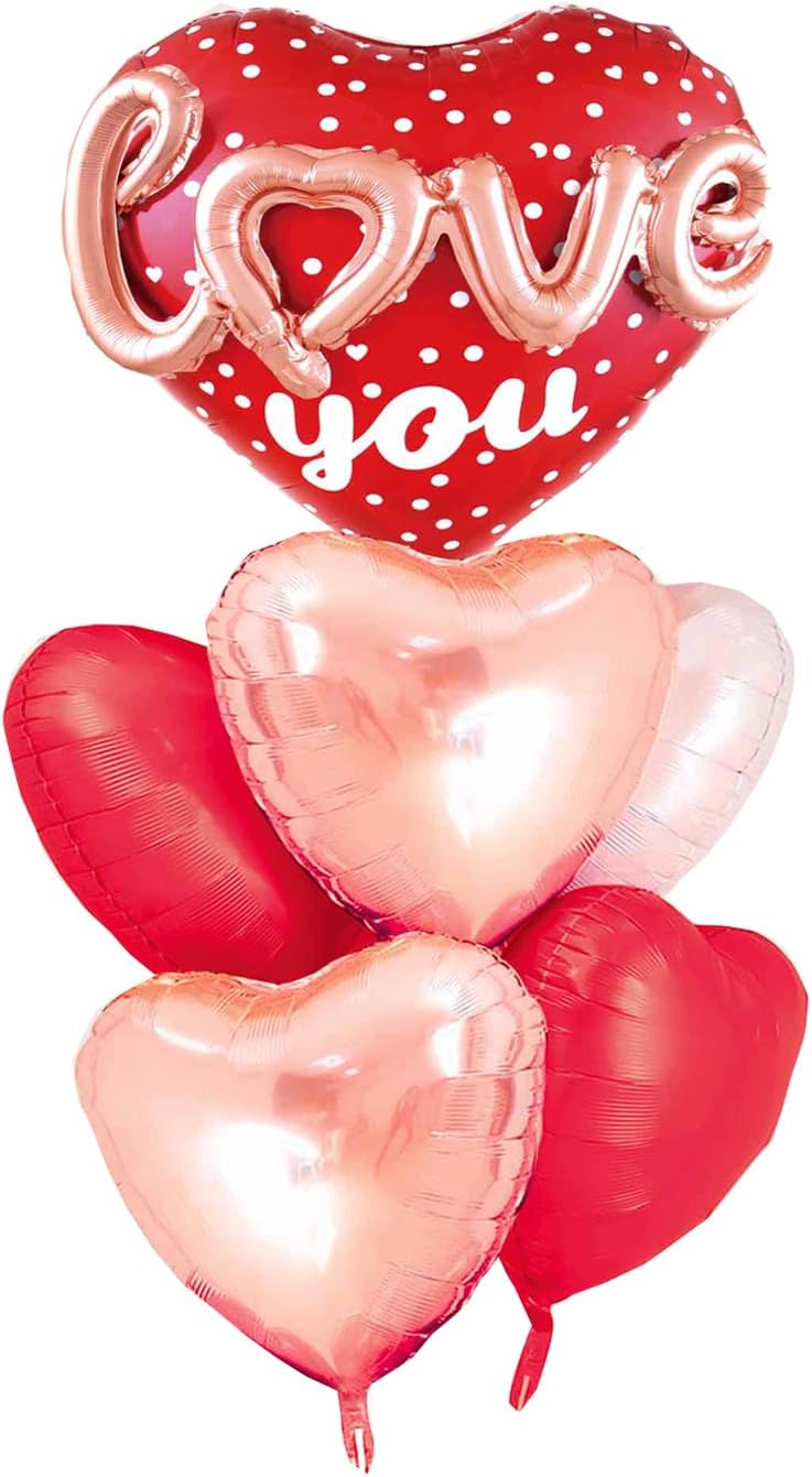 Red Heart Shape Rose Gold Love You Balloons Pack Of 6 Foil Helium Mylar Balloons For Valentines Day