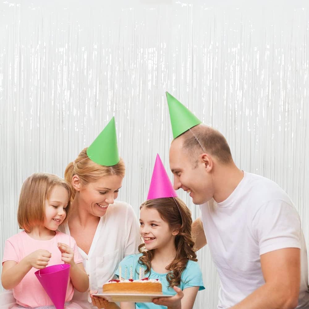 3Pcs White Metallic Tinsel Foil Fringe Curtains, 3.28ft x 6.56ft White Photo Booth Backdrop