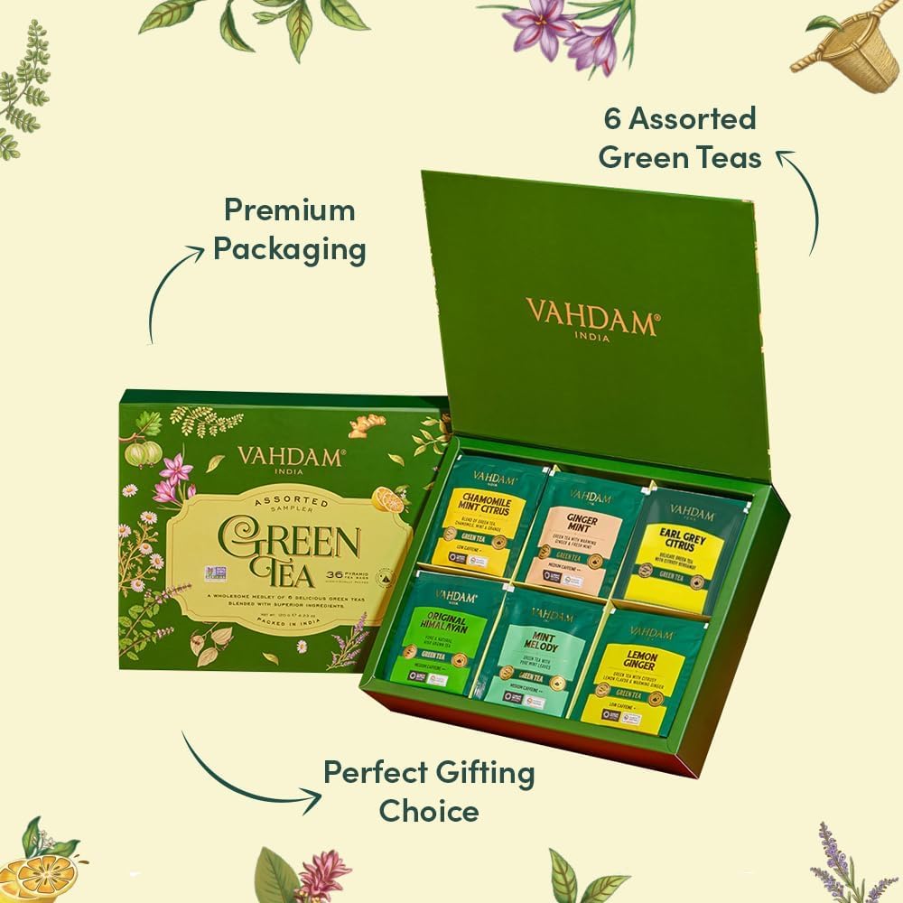 VAHDAM, Green Tea Variety Pack Sampler Assortment (36 Pyramid Tea Bags, 6 Flavor) | Non-GMO Project