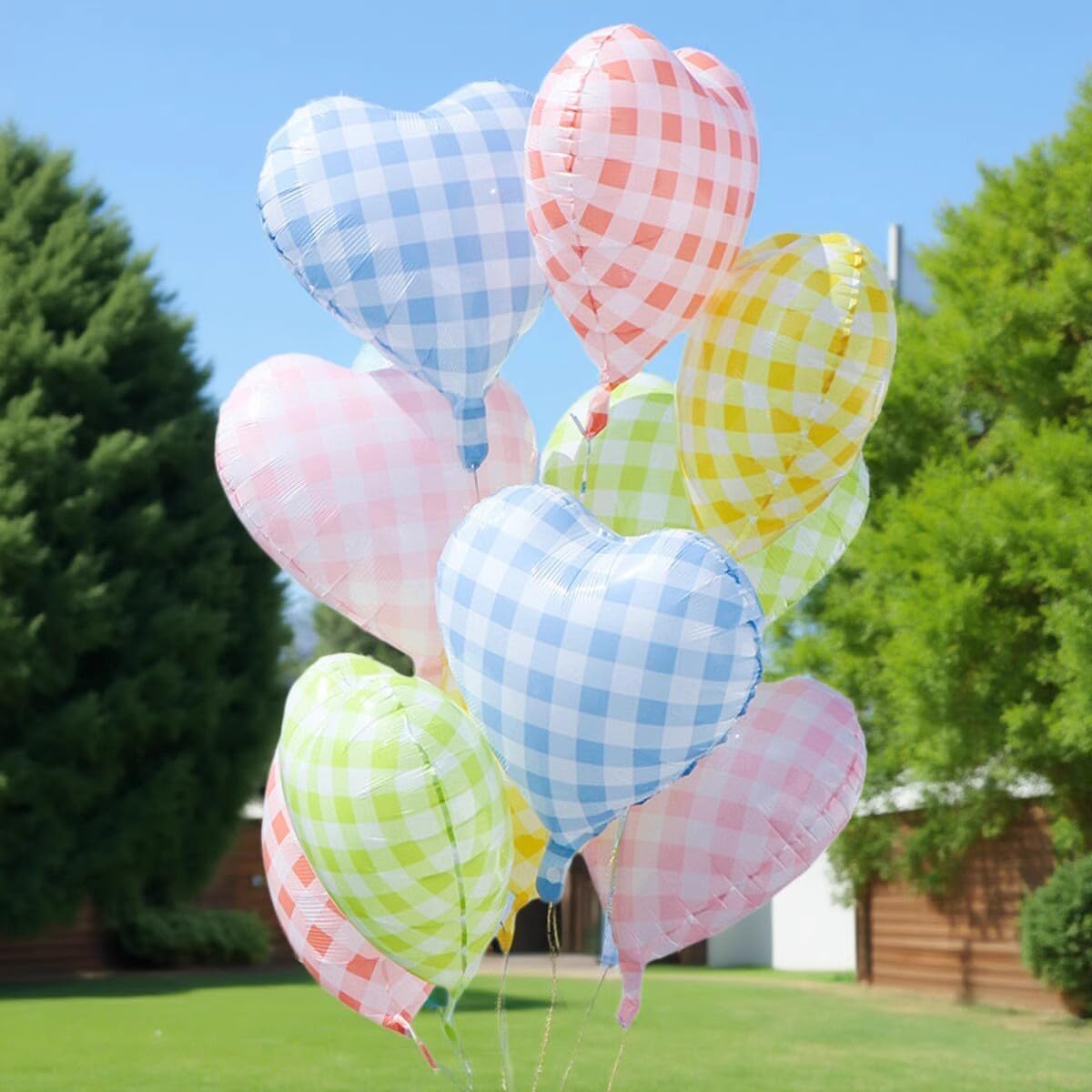 Blue White Checkered Heart Balloons,12Pcs 18Inch Light Blue Grid Heart Shaped Foil Helium Polyester