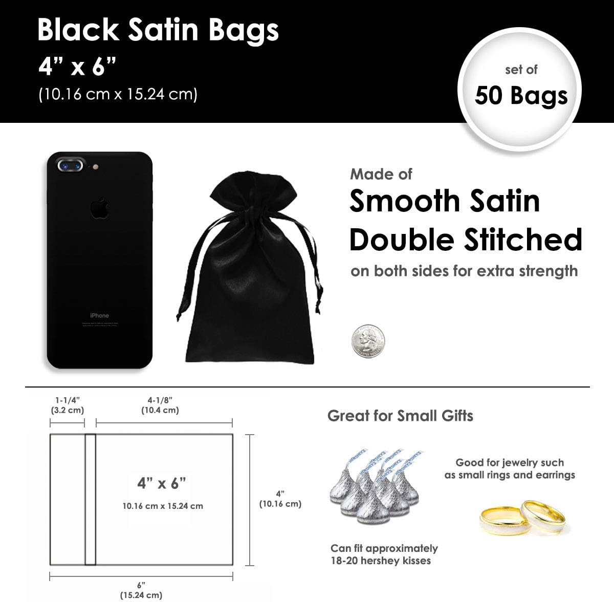 4" x 6" Black Satin Gift Bags, Jewelry Bags, Wedding Favor Drawstring, Baby Shower Christmas 50 per