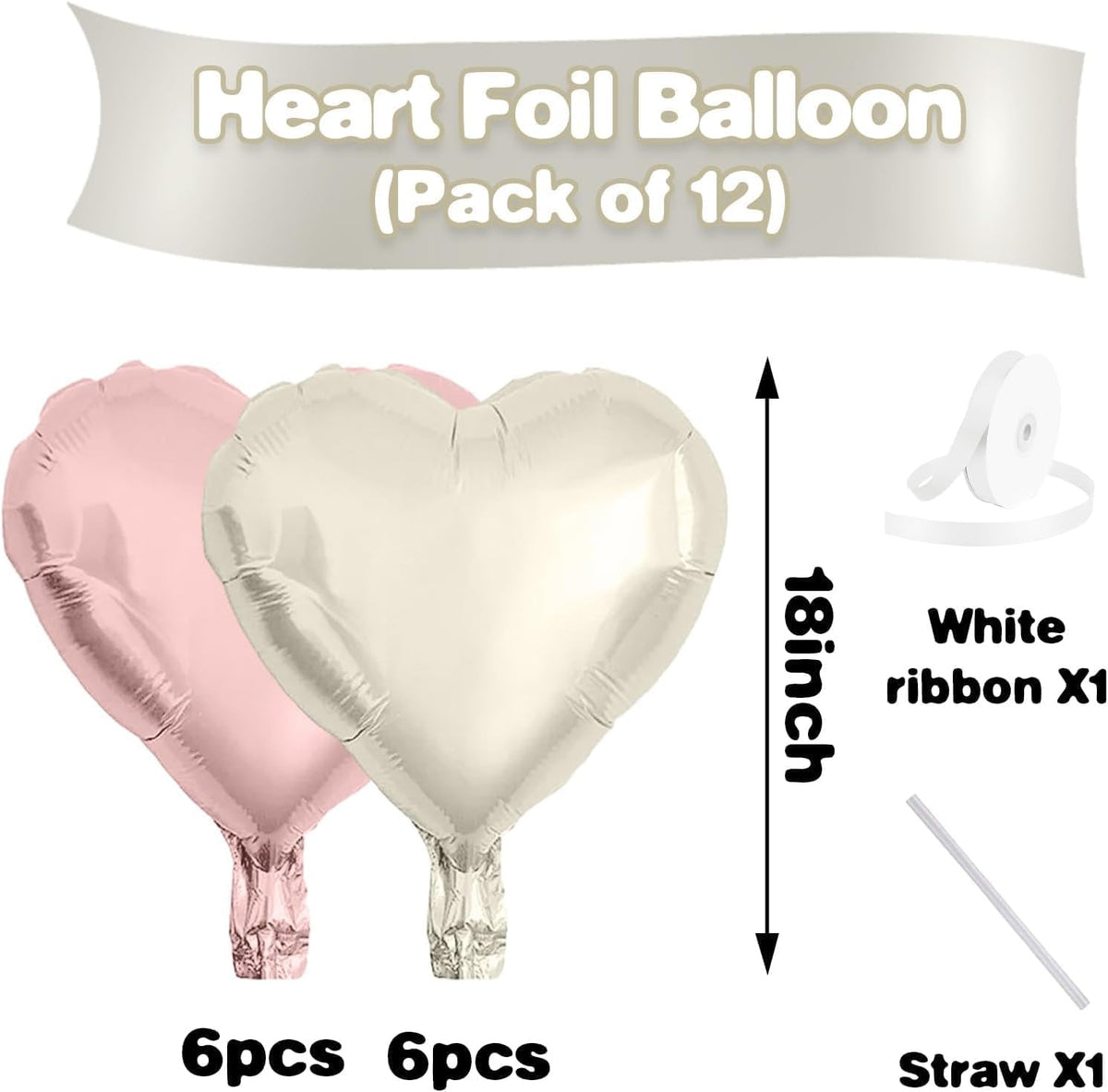 Baby Pink White Heart Balloons,12Pcs 18 Inch Light Pink Cream Foil Love Heart Shaped Balloons for
