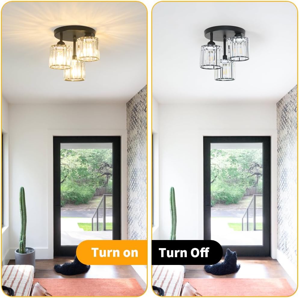 Crystal Semi Flush Mount Ceiling Light, 3-Light Modern Close to Ceiling Light Fixtures, Black