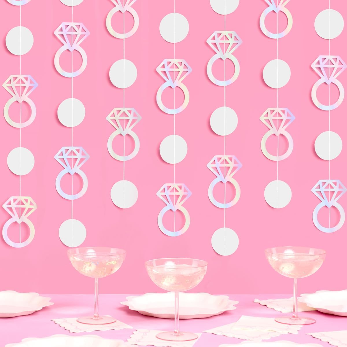 xo, Fetti Iridescent Engagement Ring Garland - 4 pcs, 12' | Bachelorette Decorations, Tying The