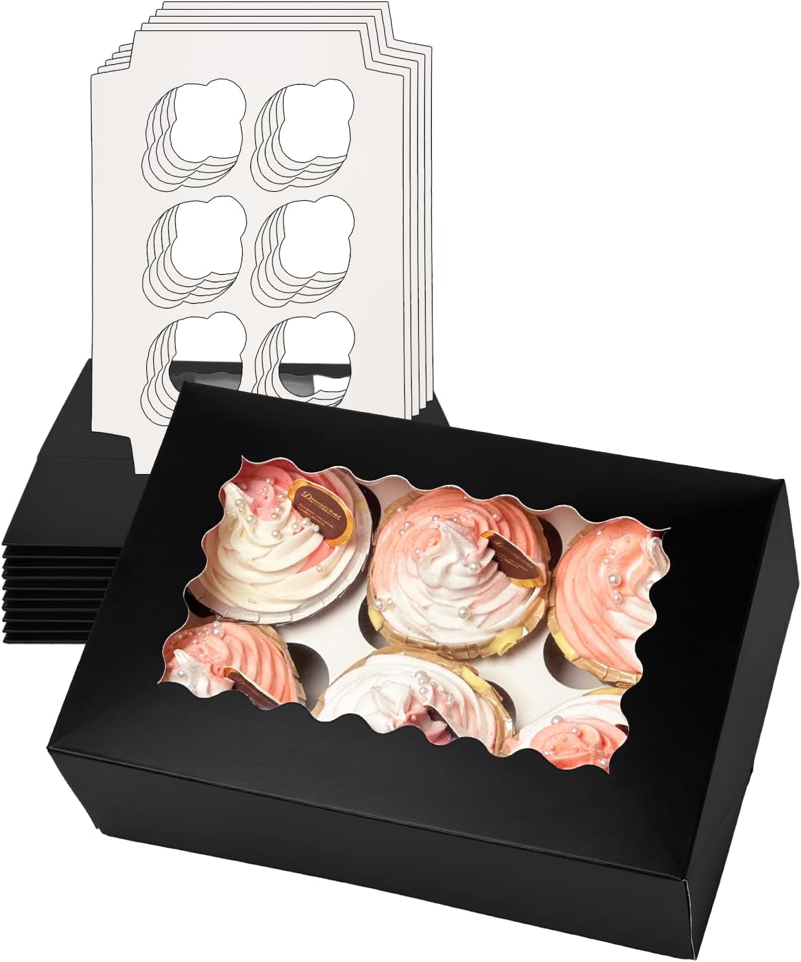 Bakepacker Auto-pop up 6 Cupcake Boxes with Window 20 Count Black Box 9.4 x 6.1 x 3 inch Cupcake