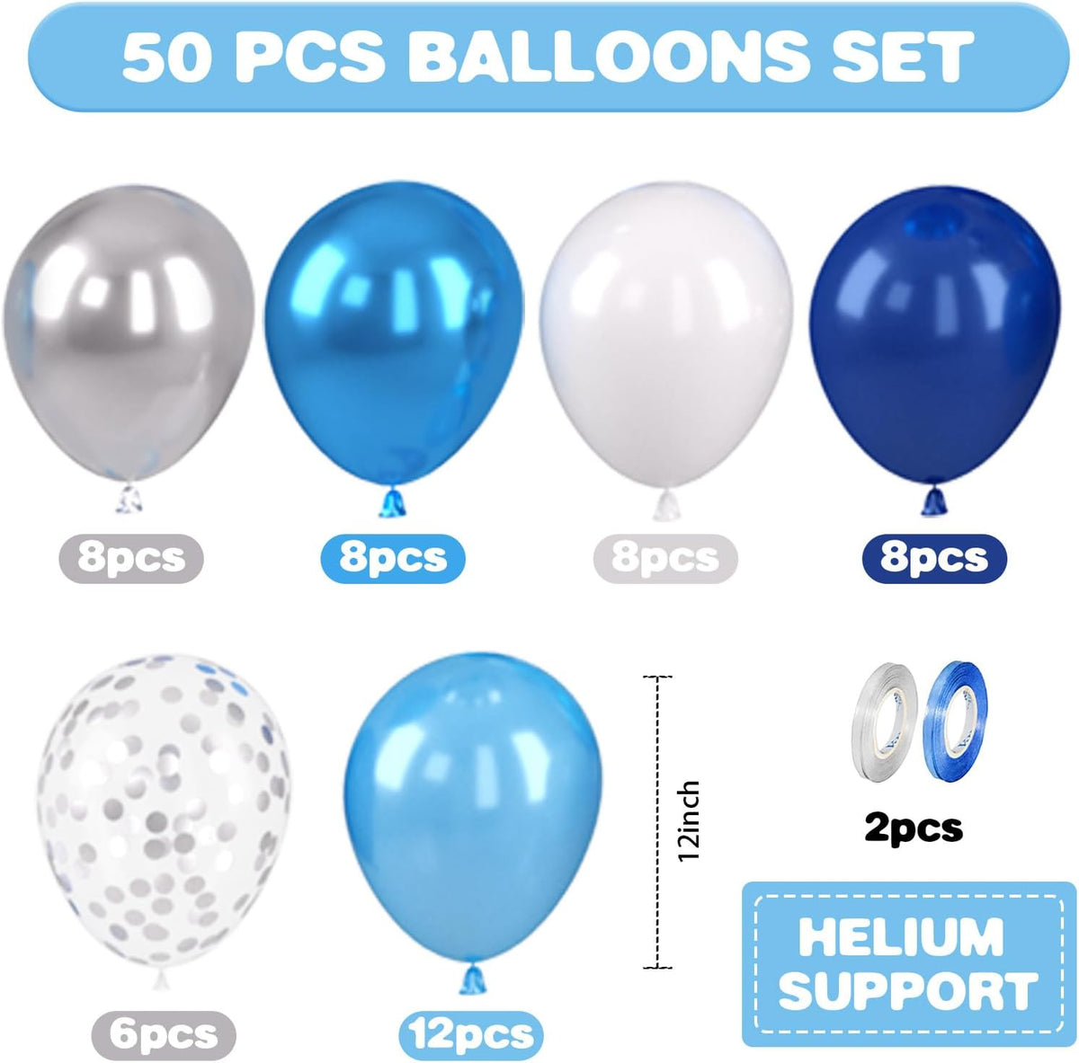 Blue and Silver Balloons, 12 Inch Navy Blue Balloons, Pearl Blue Metallic Silver Confetti Balloon