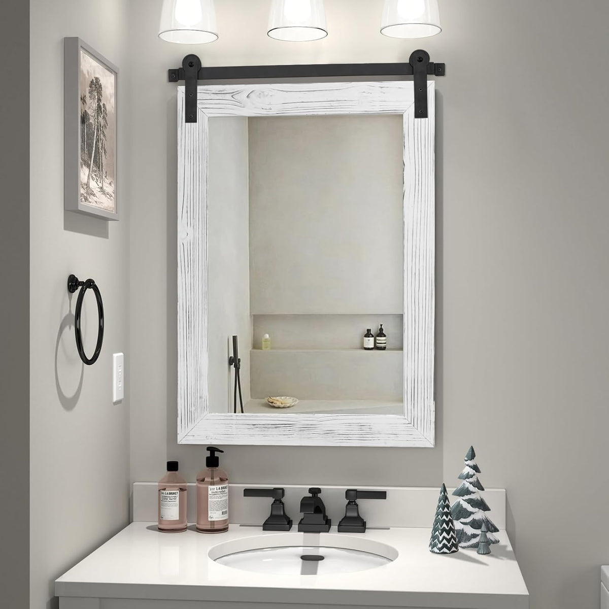 COGOOD Farmhouse Bathroom Mirror - 30 x 21 Rustic Wood Framed Wall Barn Door Mirror for Entryway