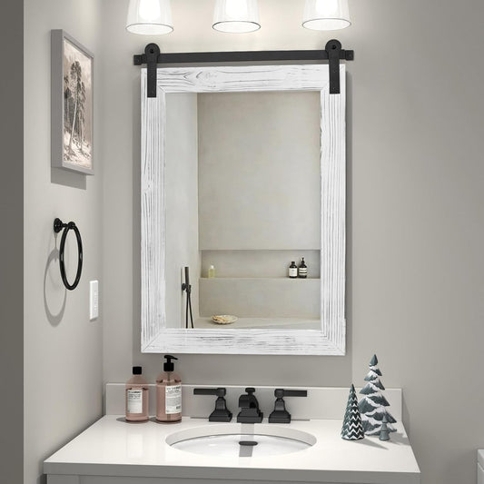 COGOOD Farmhouse Bathroom Mirror - 30 x 21 Rustic Wood Framed Wall Barn Door Mirror for Entryway