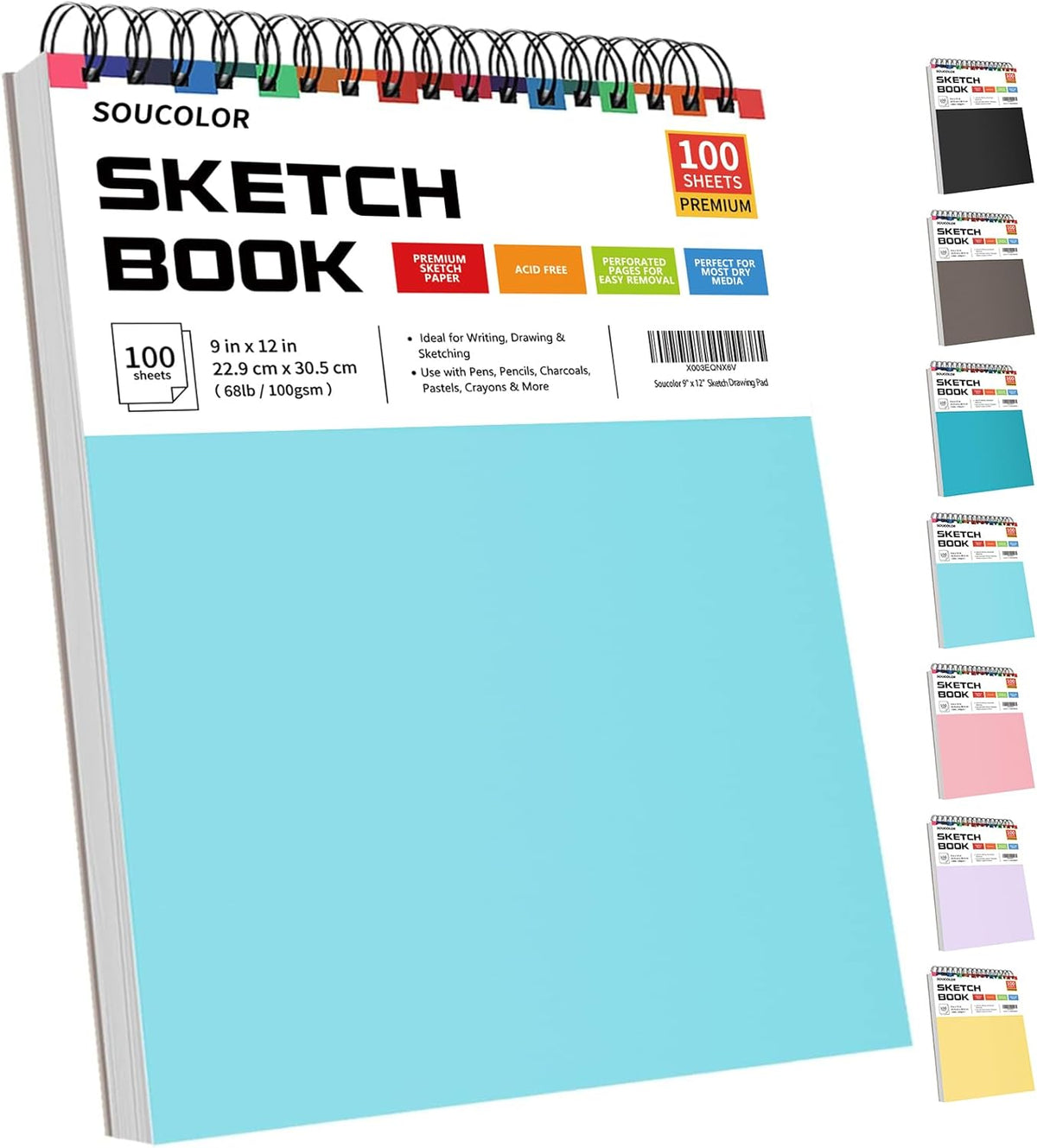 Soucolor 9" x 12" Spiral Bound Blank Sketch Notebook Journal Book- 1-Pack 100 Sheets Acid-Free