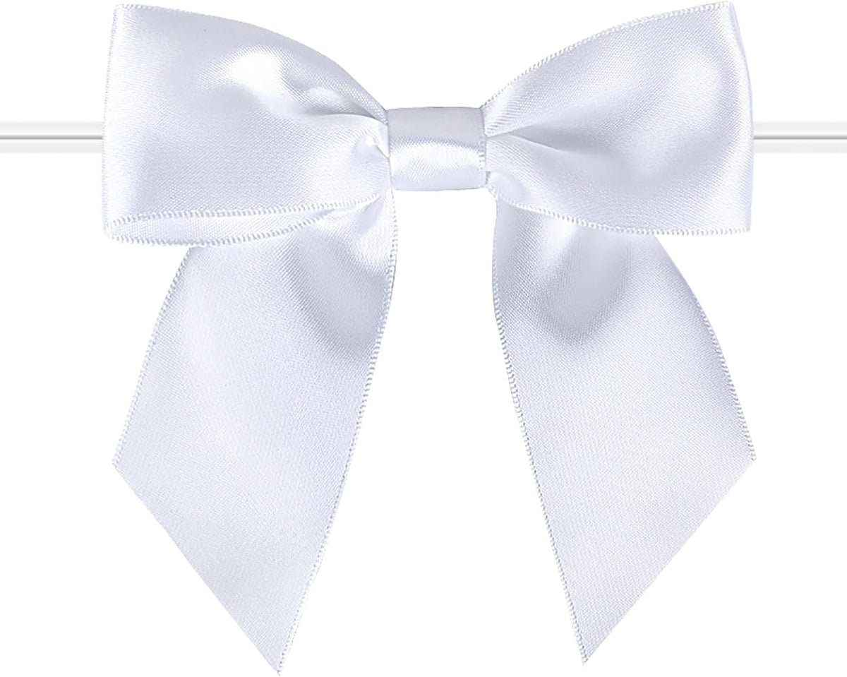 114 Pack Twist Tie Bows for Treat Bags 3" White Satin Ribbon Bows for Package Craft, Gift Wrapping