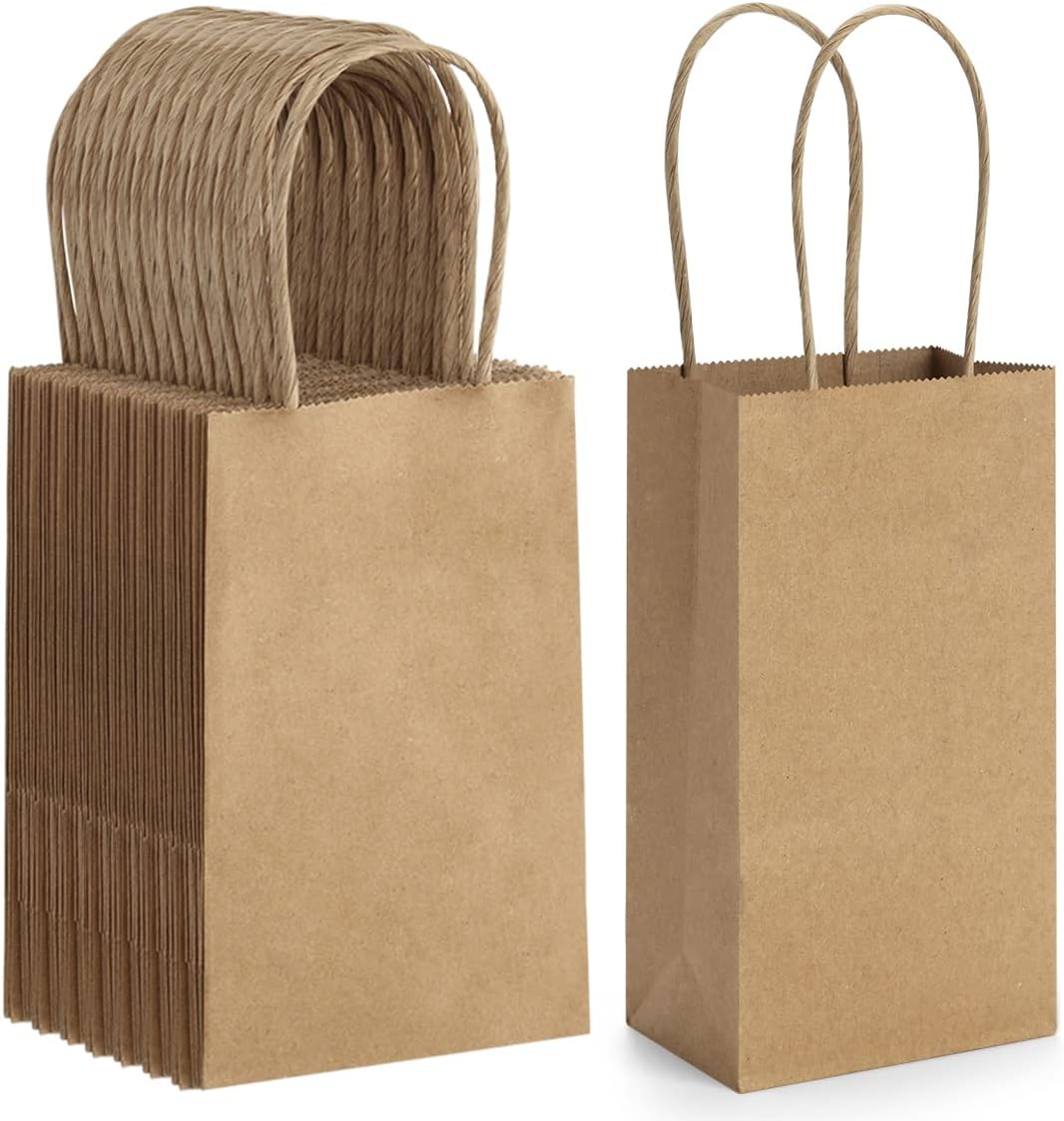BagDream 50 Pack 3.5x2.4x6.7 Inches Small Kraft Paper Gift Bags with Handles Bulk Mini Party Favor
