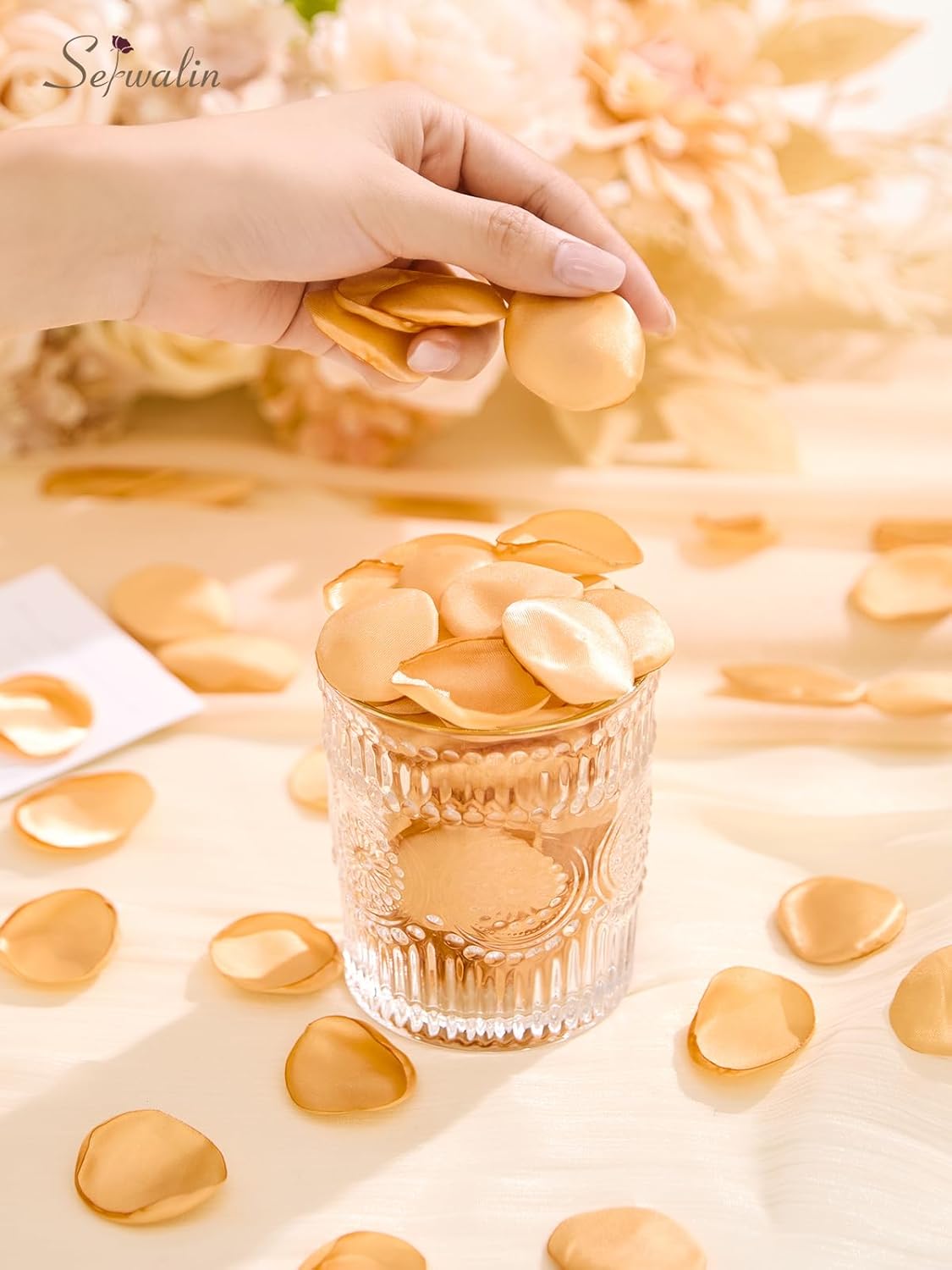 Serwalin 300Pcs Silk Rose Petals Fake Flower Petals Champagne Gold Artificial Rose Petals for
