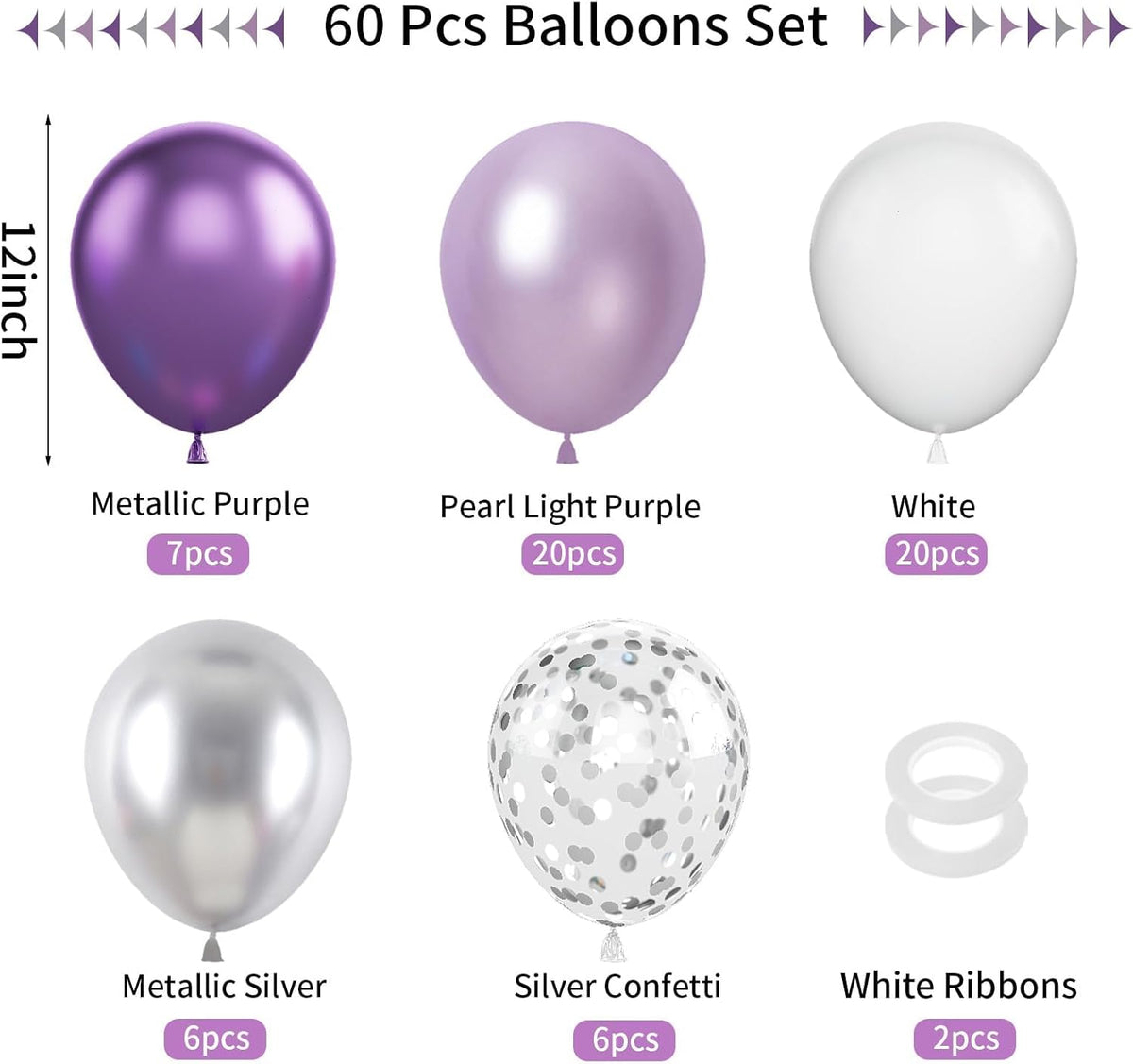 FunHot Silver and Purple Balloons, 60Pcs 12 Inch Metallic Silver Confetti and White Latex for Girls