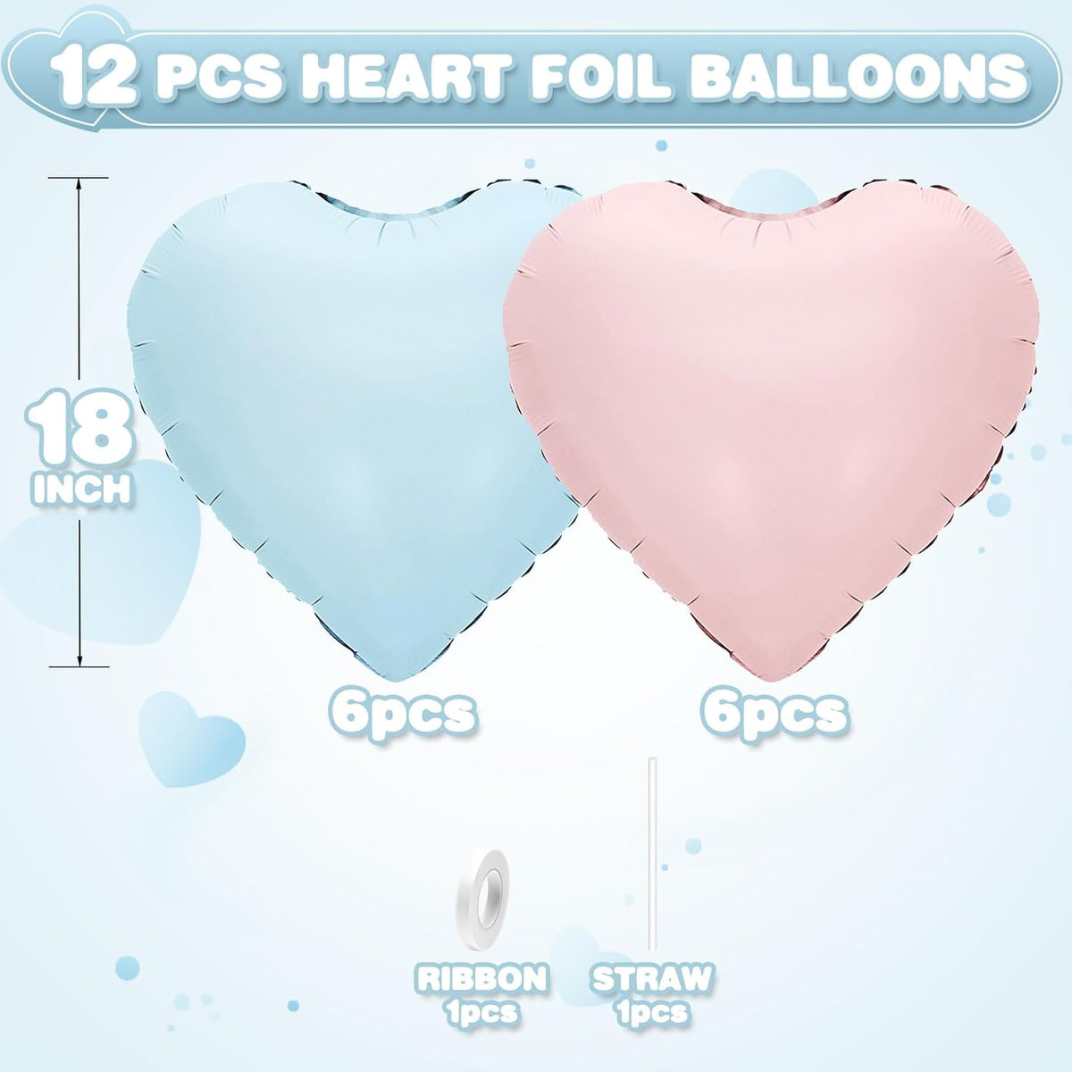 Pink Blue Heart Balloons,12Pcs Baby Pink Heart Shaped Foil Balloons,18Inch Pastel Blue Helium