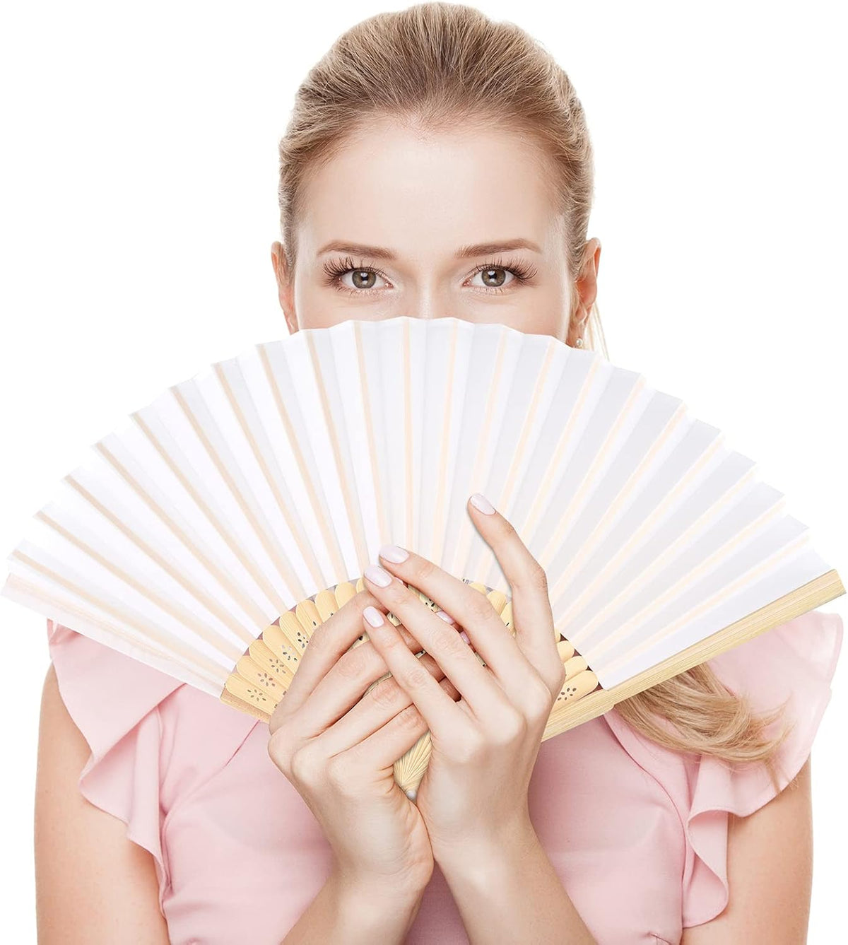 FEPITO 50 Pieces White Handheld Paper Fan Paper Folding Fans with Bamboos for Wedding Gift, Party