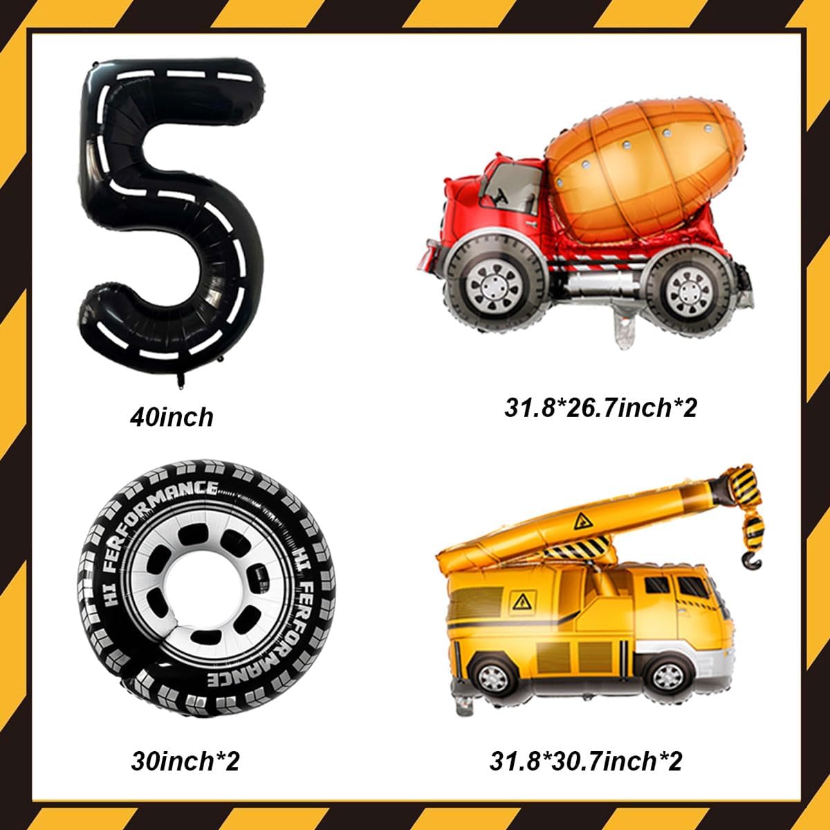 Construction Balloons 5rd Birthday Decorations for Boys 40inch Number 5 Balloons Truck Foil Balloon