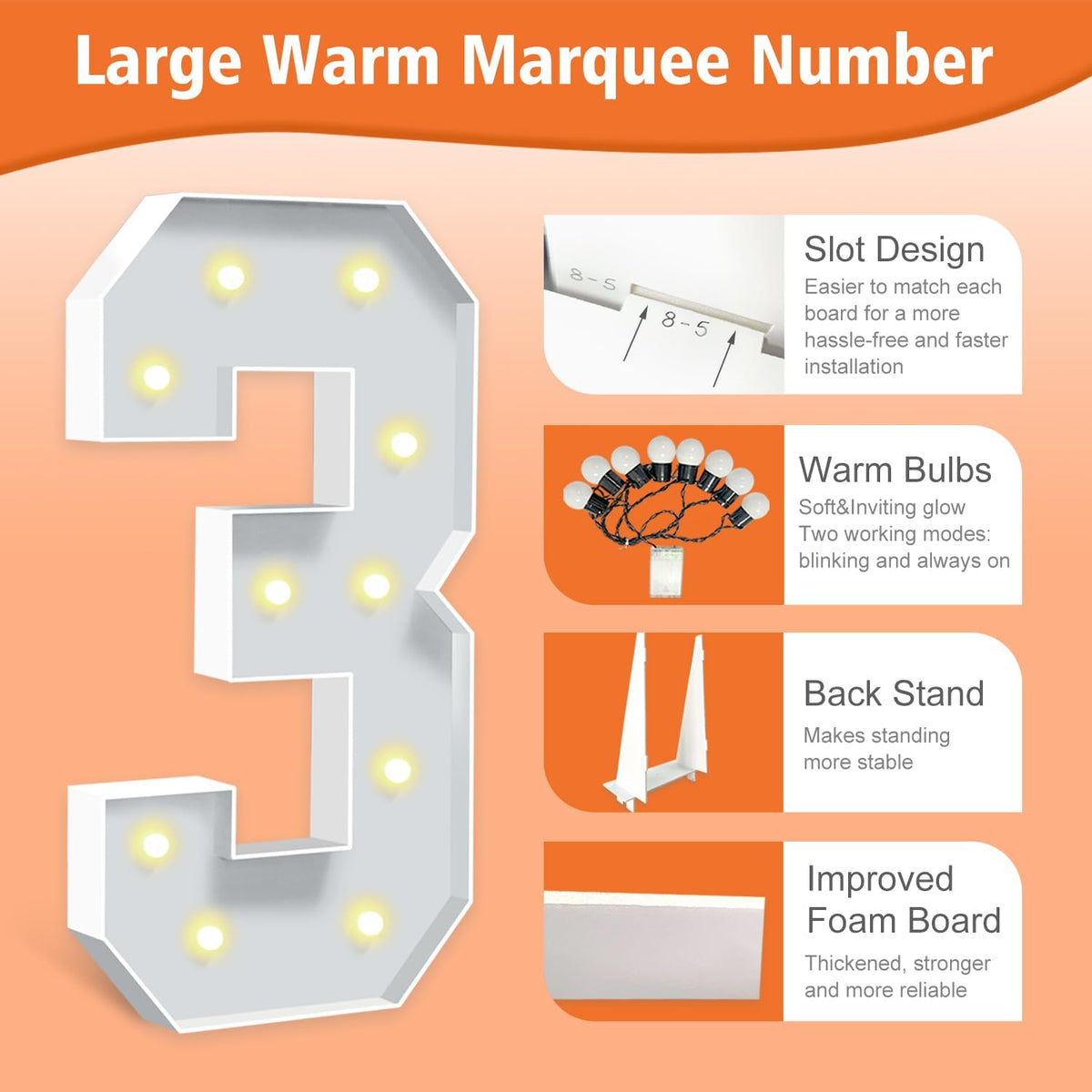 4FT Light Up Numbers 3, 47 inch Tall Marquee Numbers, DIY Marquee Light Up Numbers for 3rd 13th