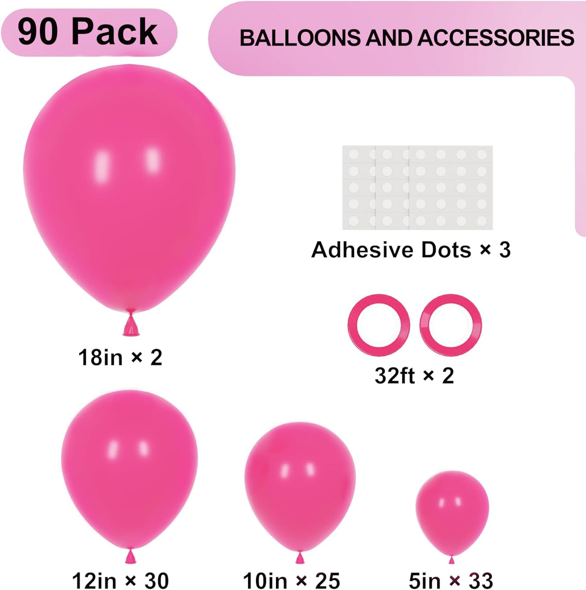 90pack Hot Pink Balloons Different Size 18/12/10/5 Inch Dark Pink Balloon Garland Arch Kit for