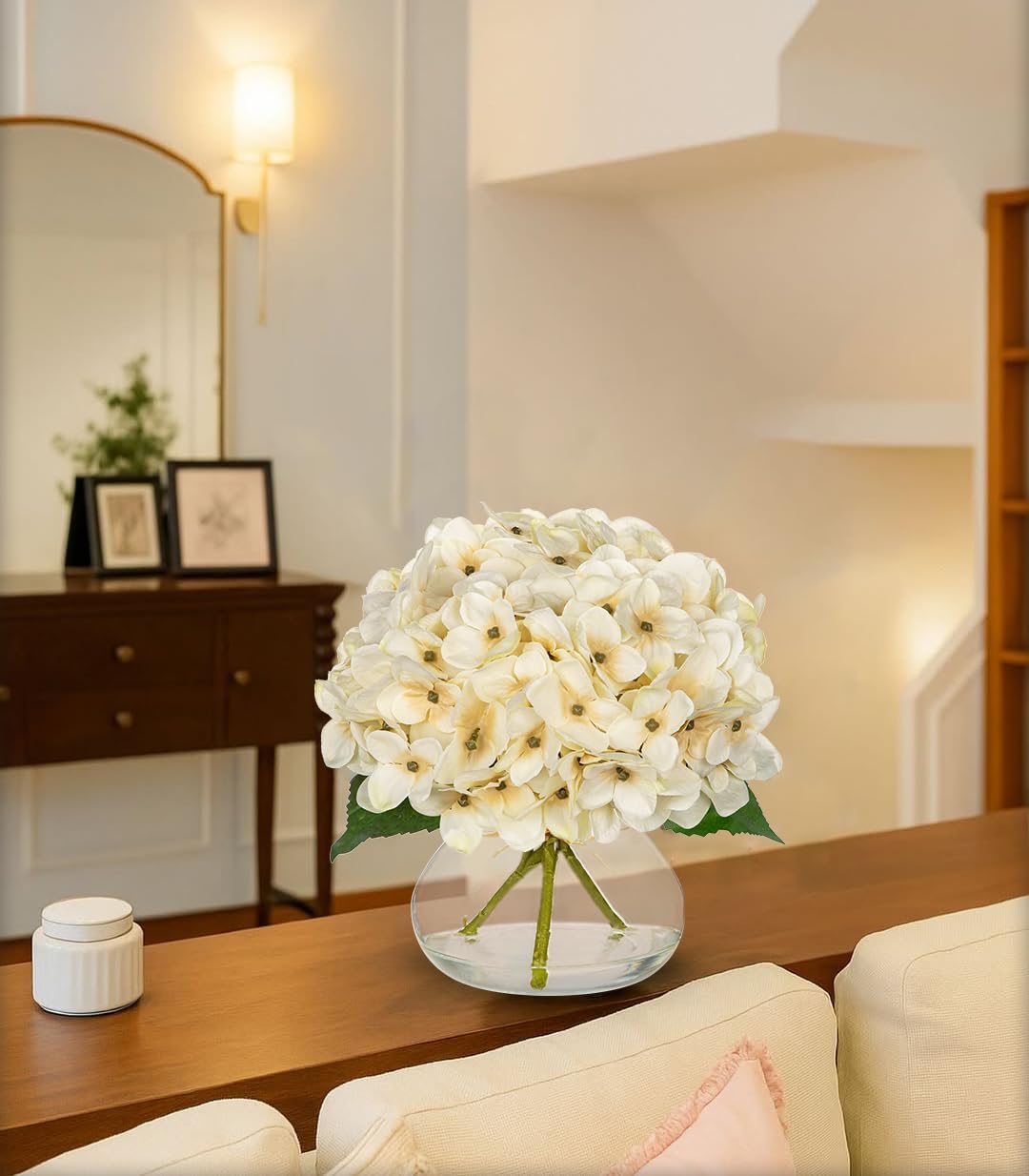 Hollyone Fall Hydrangea Artificial Flowers for Decoration with Glass Vase White Silk Fake Flower