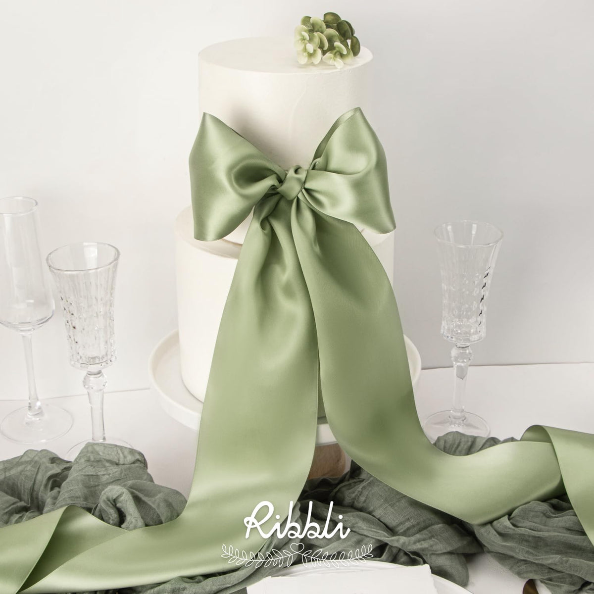Ribbli Dusty Sage Satin Ribbon 4 Inch Wide Sage Green Ribbon for Wedding Chair Sash Grand Opening