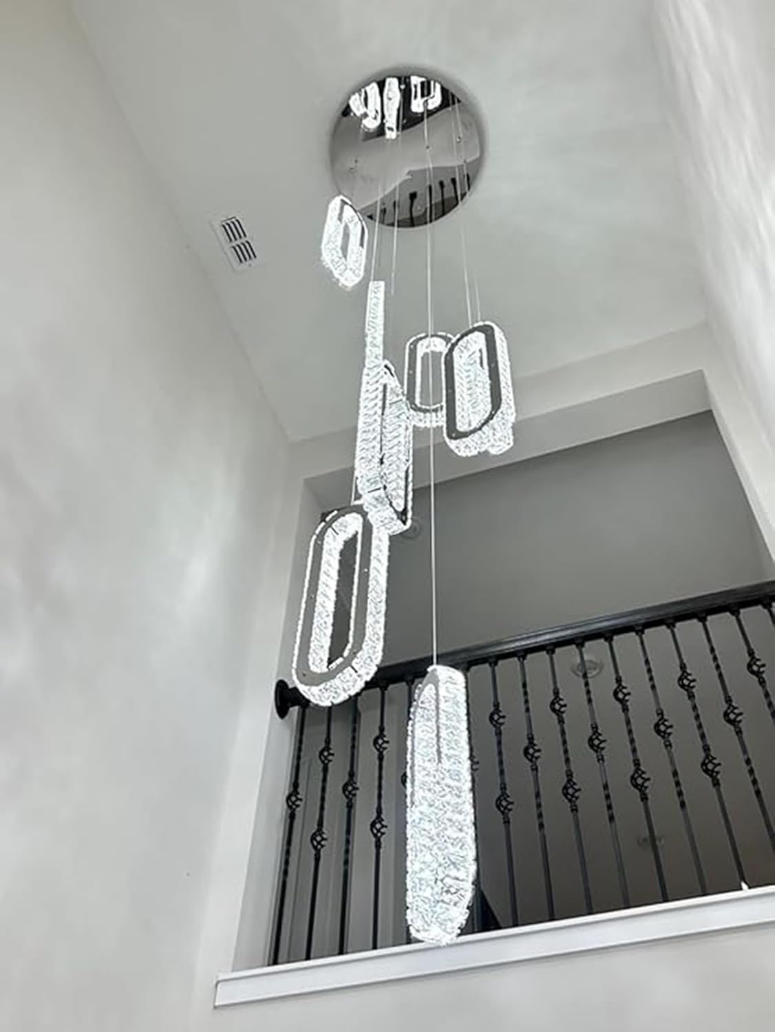 8 Rings Crystal Chandelier,H 118" Modern Silver Pendant Light Luxury Foyer Lighting Fixture High