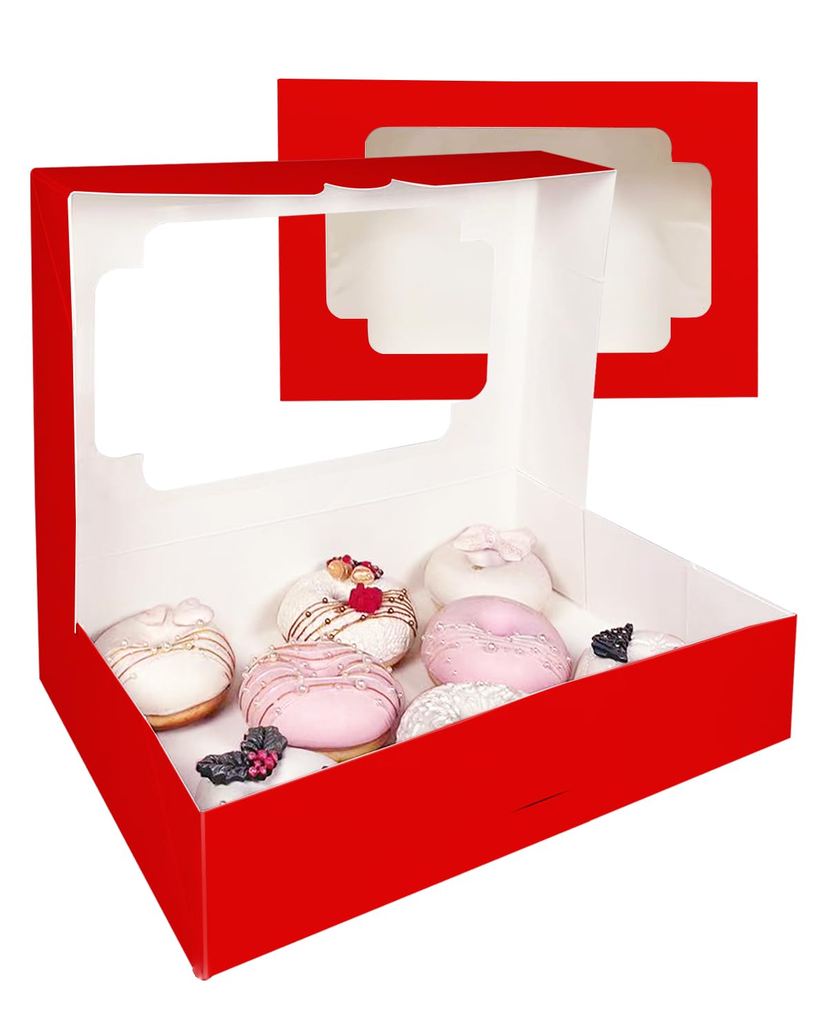 qiqee Auto-pop up Red Cookie Box with Window 12x8x2.5 inch 32 Packs Two Uses One Second Folding