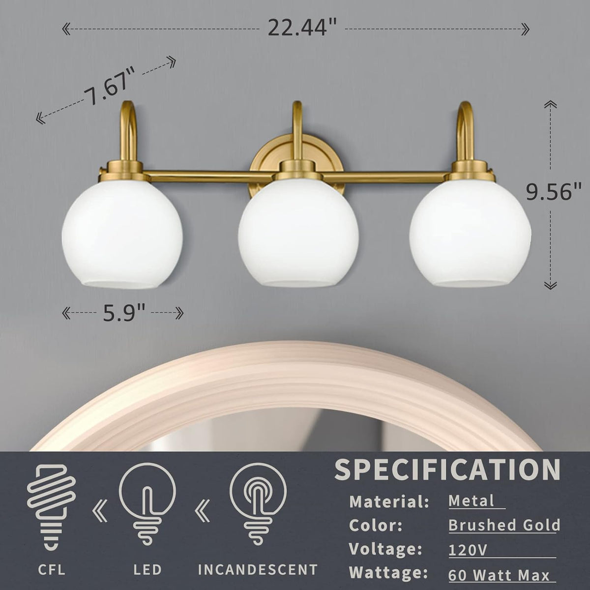 Gold Bathroom Light Fixtures, 3 Light Gold Modern Bathroom Light Fixtures Over Mirror with White