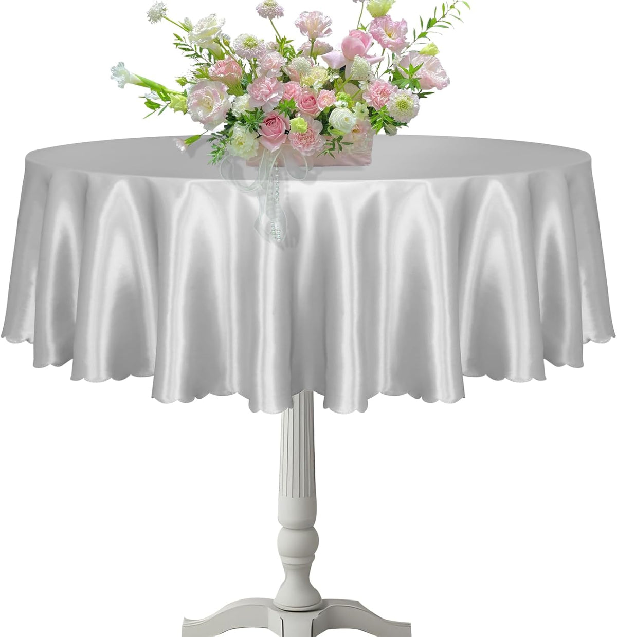 KKJIAF 1 Pack 60 Inch / 5ft Round Table Cloth, Silver Overlay Round Satin Table Cover, Silky Satin