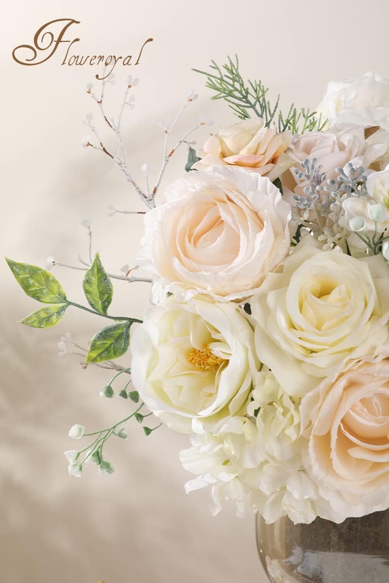 Floweroyal Artificial Flowers Combo White Flowers Mix Silk Flowers Dahlia Roses with Stems for DIY