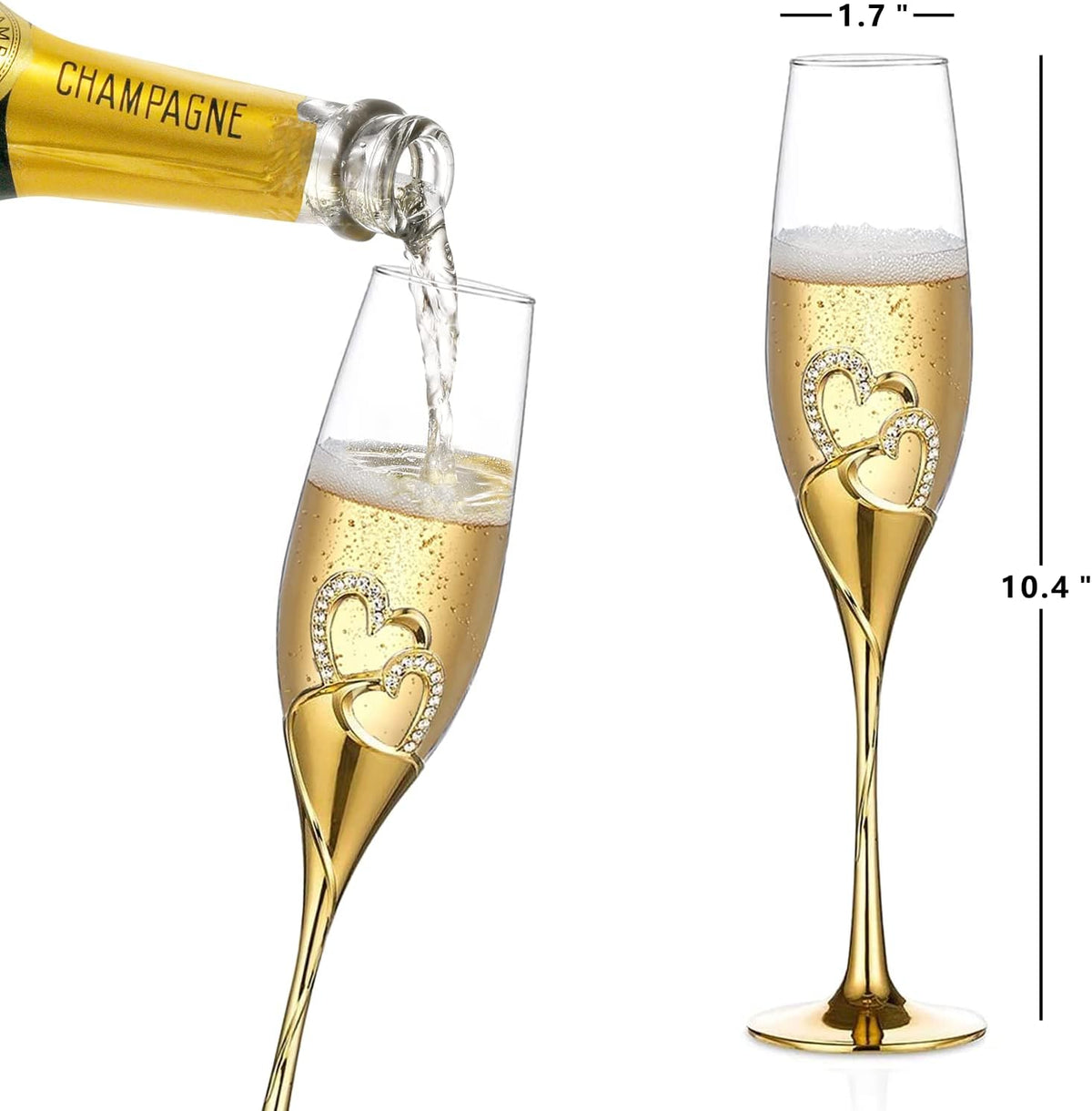Wedding Cake Knife and Server Set, Gold Wedding Champagne Fluteswith Twin Heart Base and Rhinestone