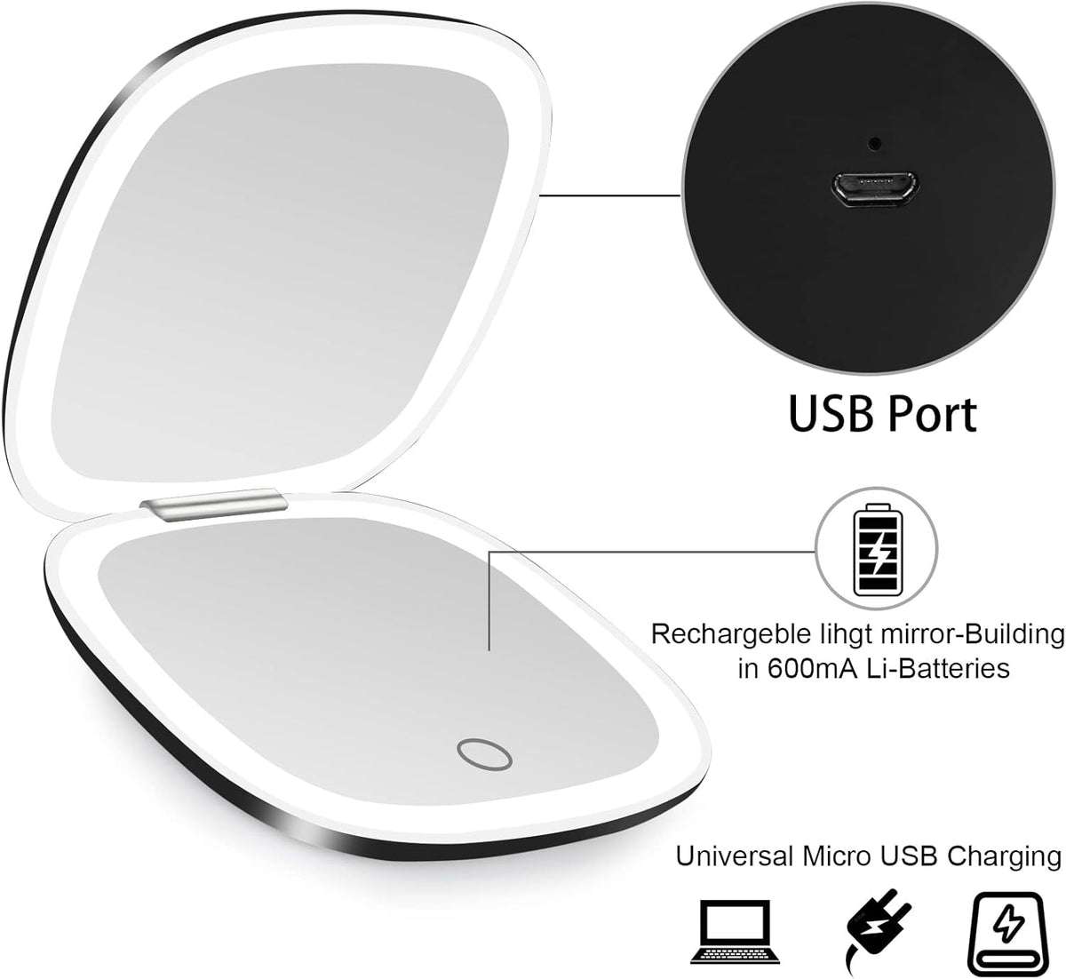 deweisn Compact Mirror, Lighted Travel Makeup Mirror with 1X/10X Magnifying Double Sided Dimmable