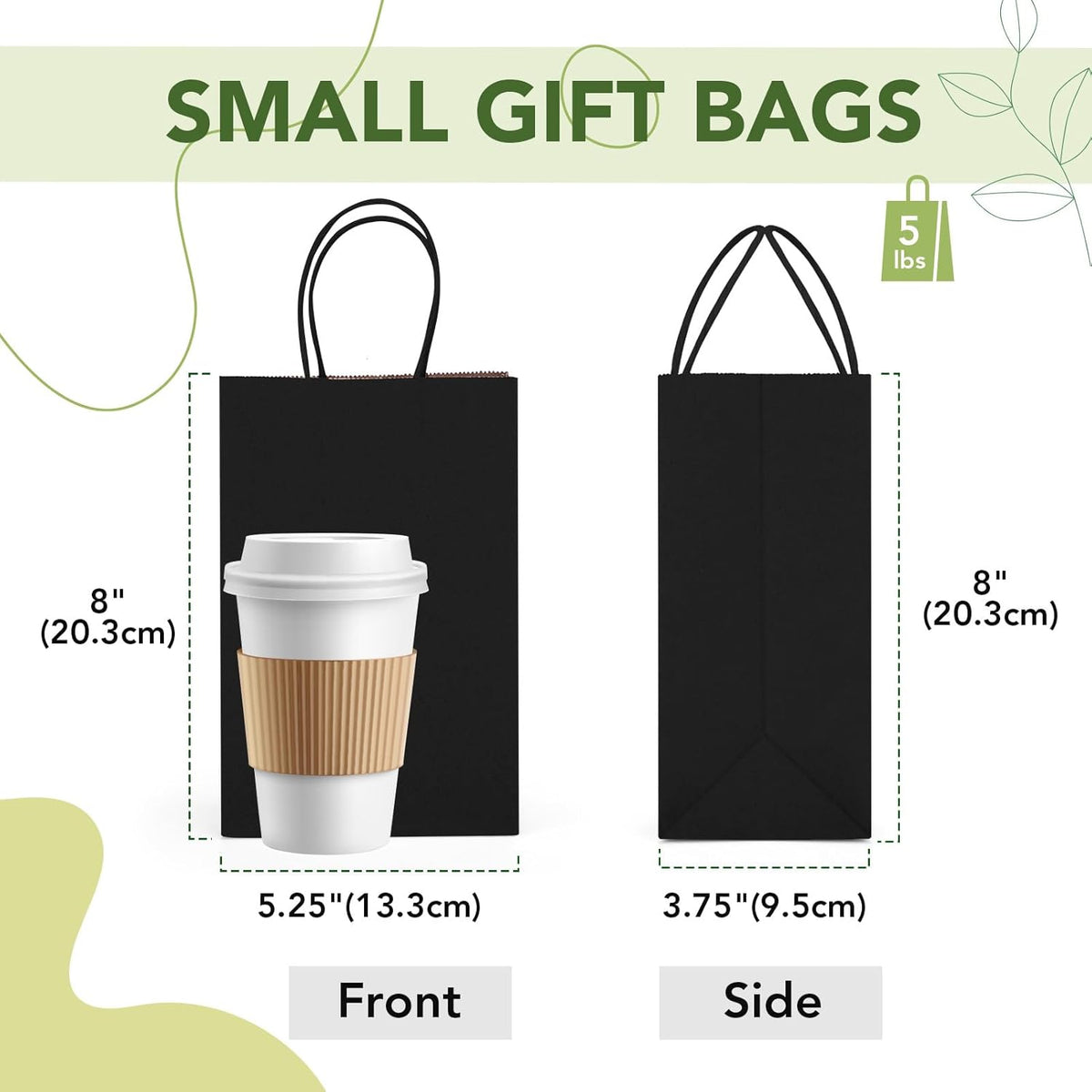 MESHA Kraft Gift Bags 200 Pack 5.25x3.75x8 Inch Small Black Paper Bags with Handles Bulk for Small
