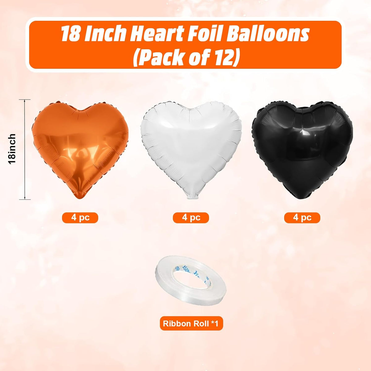 Black Orange Heart Balloons, 18 Inch Black White Orange Heart Foil Shape Balloon, 12PCS Large Love