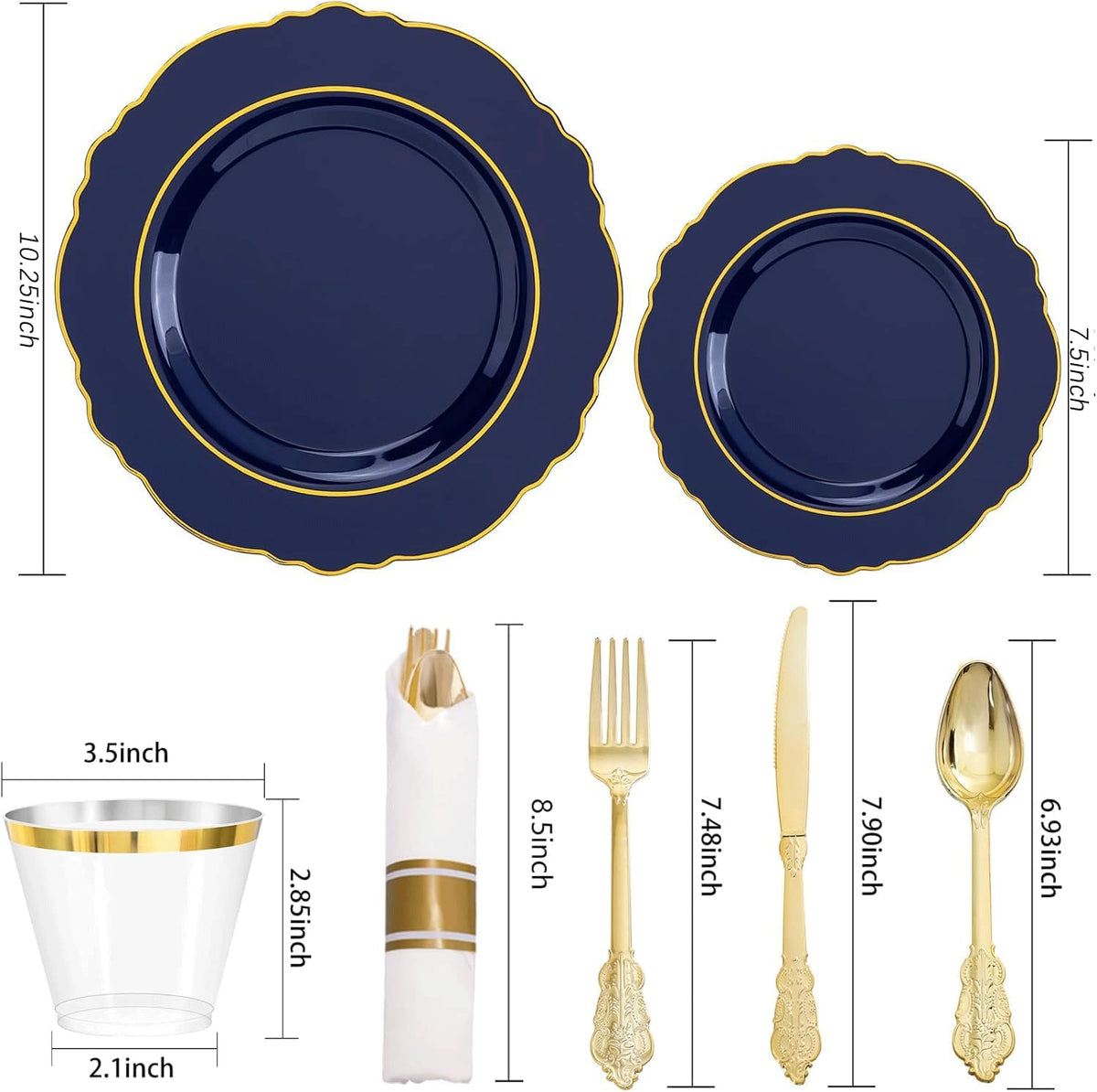 Liacere 350PCS Navy Blue Plastic Plates-Disposable Blue Gold Plates 50guest Plastic Dinnerware