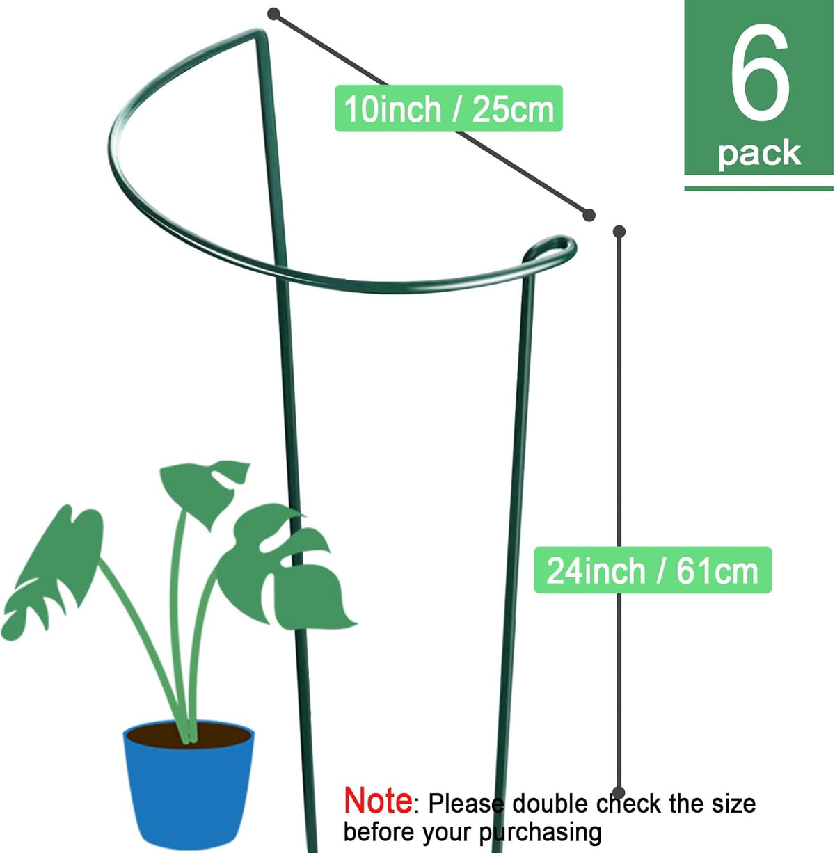 HiGift 6 Pack 24 Inch Plant Stakes, 10" Wide x 24" High Half Round Metal Peony Cages and Support