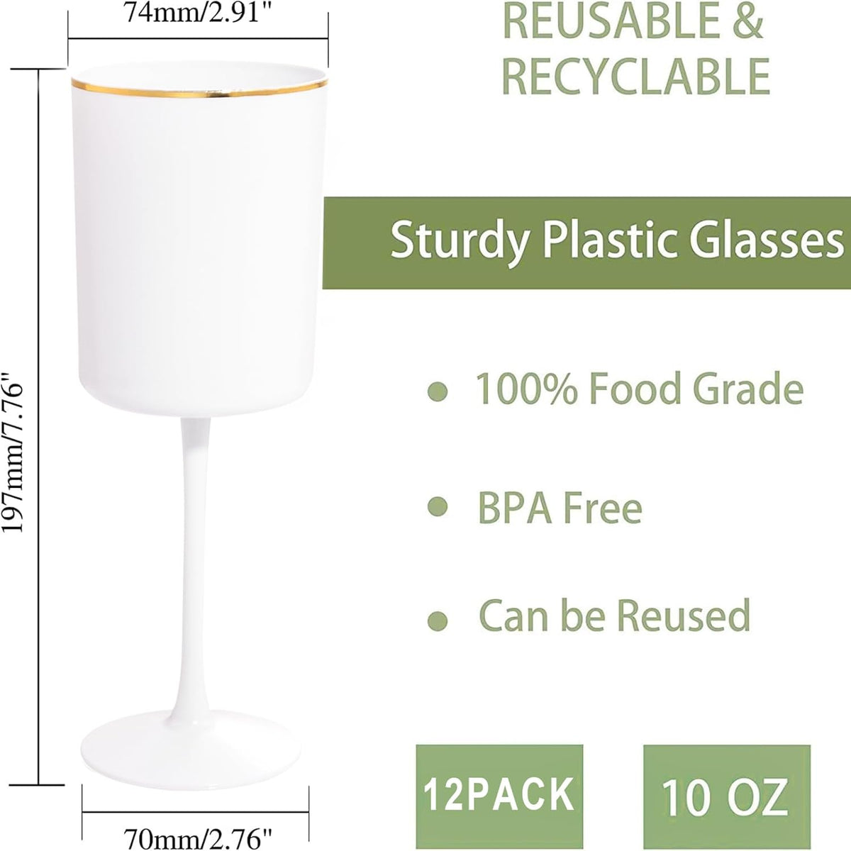 Ciaell 12 Pack White Plastic Wine Glasses with Stem - 10 Oz White and Gold Disposable Wine Glasses