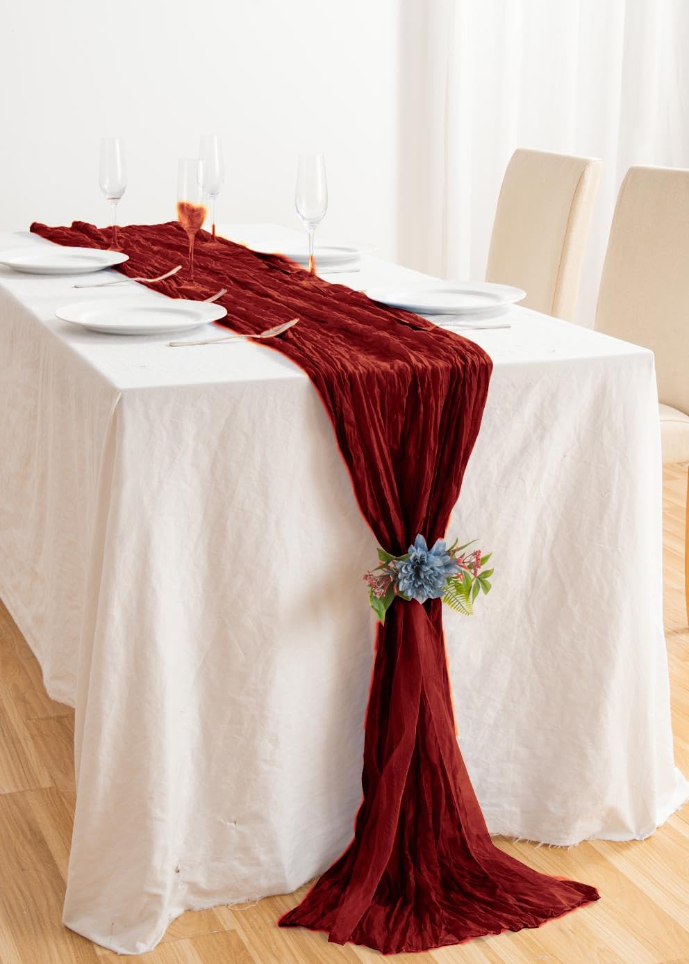 8 Pack 10Ft Table Runner 35x120 inch Burgundy Boho Gauze Table Cheese Cloth Long Wrinkled Sheer