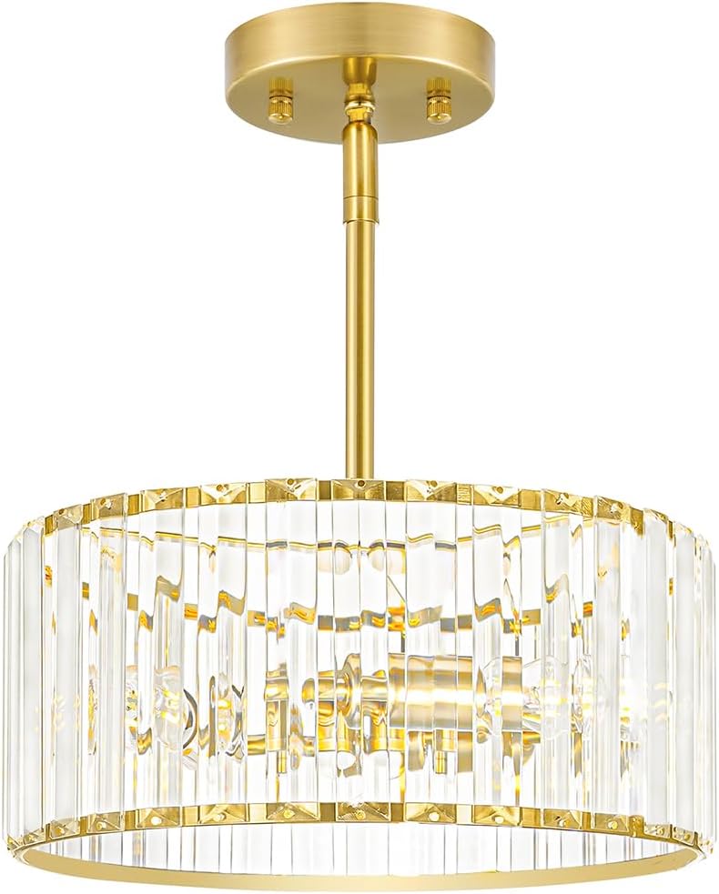 Gold Crystal Chandelier for Dining Room, 3-Light Modern Semi Flush Mount Ceiling Pendant Light