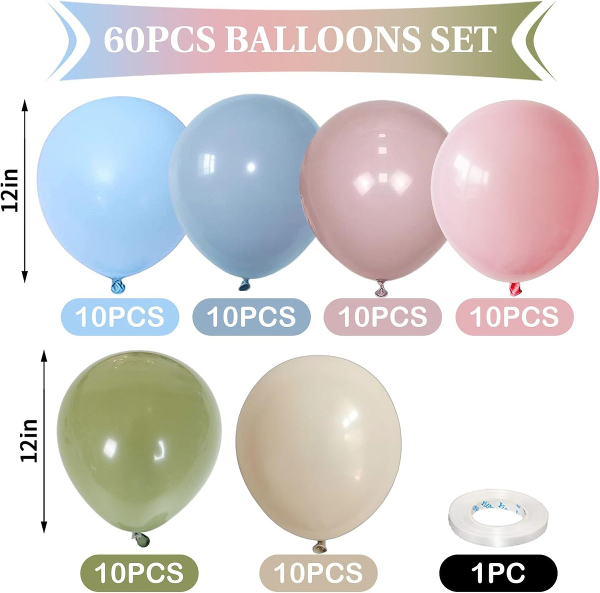 Pink Blue Green Balloons 12inch 60pcs Pale Pink Beige Light Pastel Blue White Sand Dusty Green